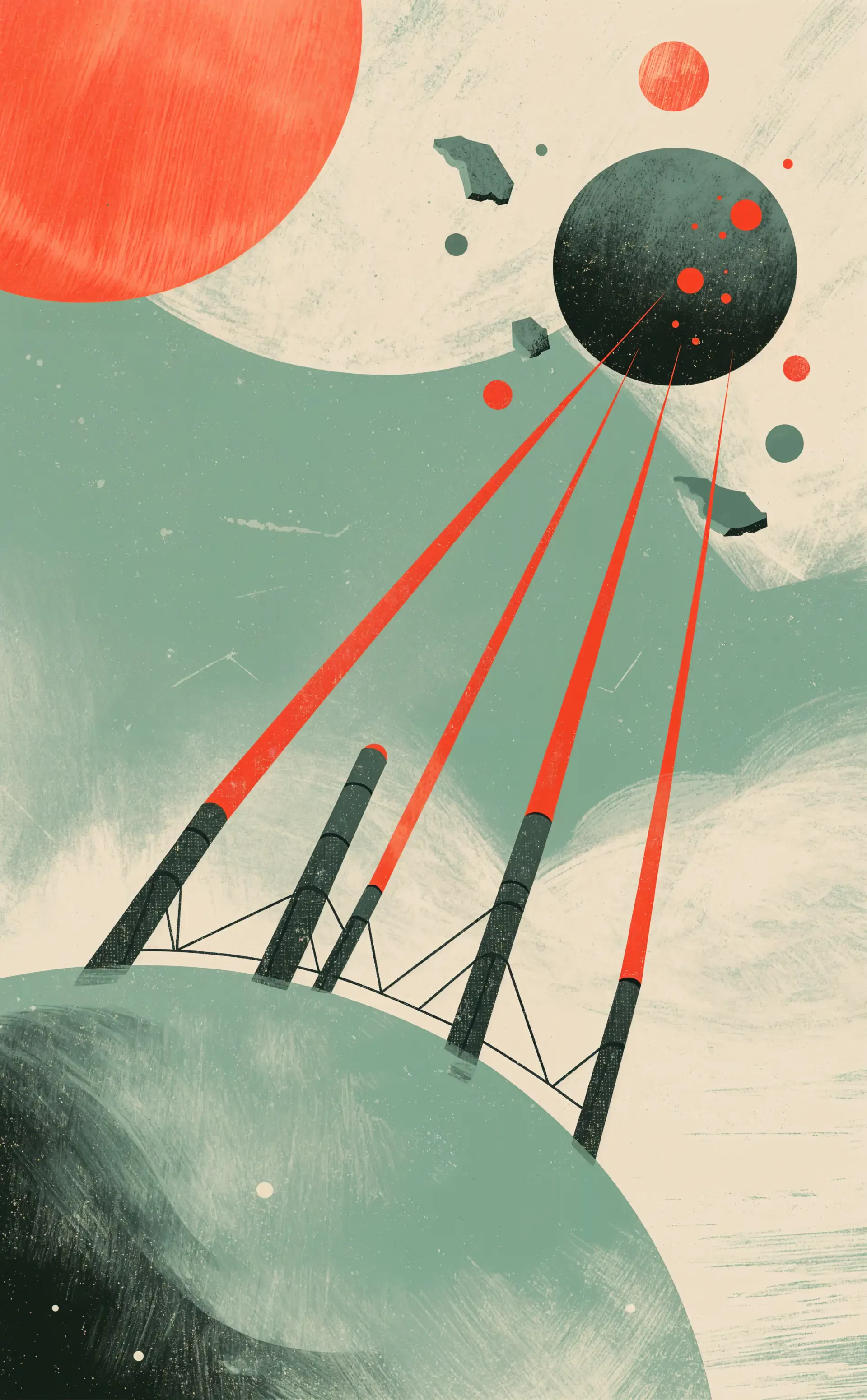 Science fiction planetary defense iPhone wallpaper showing red laser beams protecting a planet from an approaching dark sphere in space.
