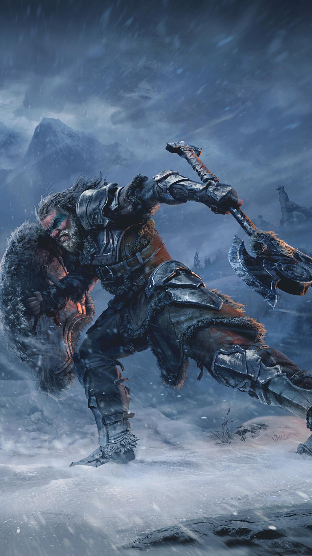 Armored warrior wielding an axe in a snowy battle scene, The Elder Scrolls Online iPhone wallpaper.