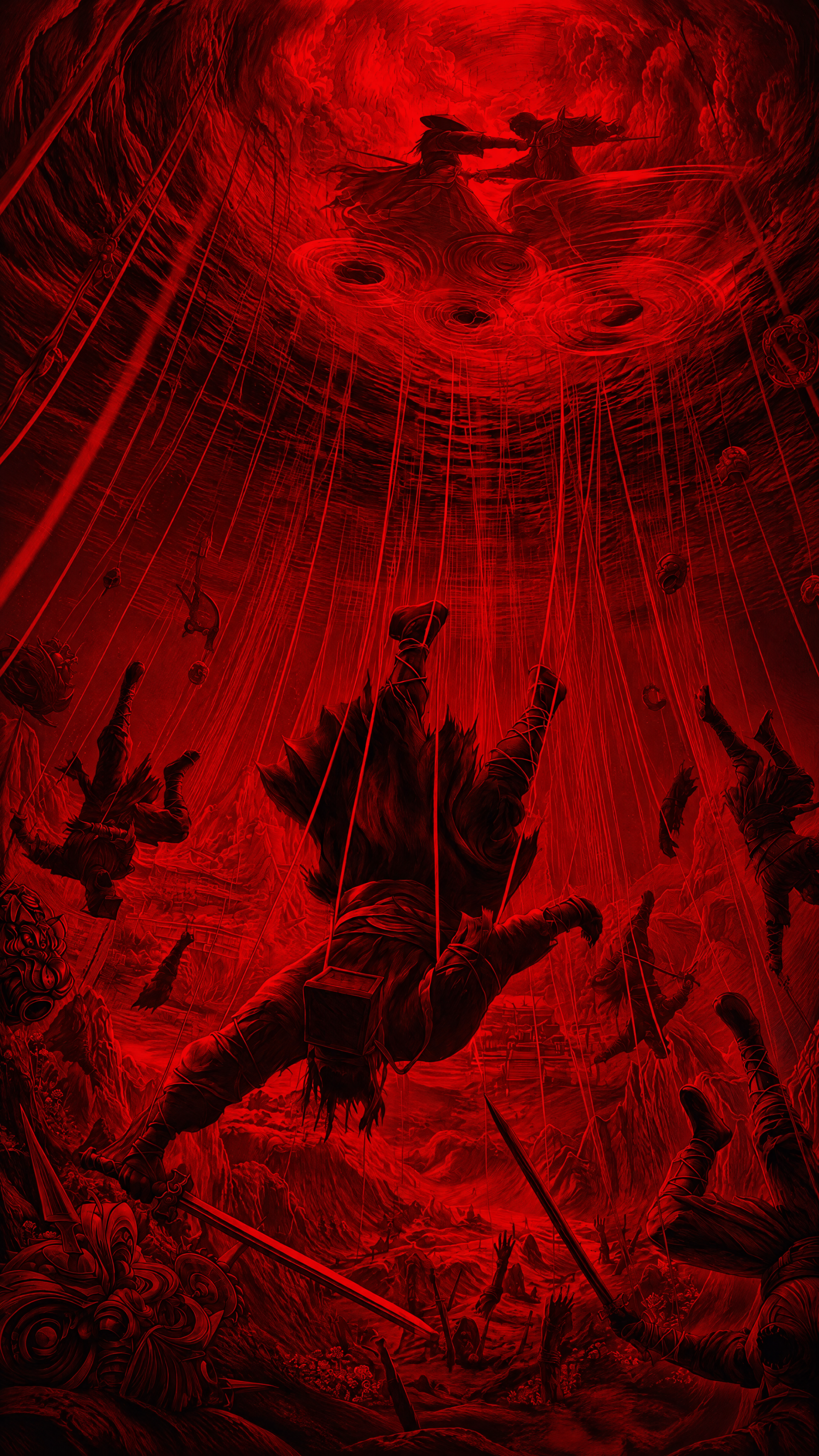 Phantom Blade Zero iPhone wallpaper depicting a crimson vortex engulfing a battle-scarred scene in an apocalyptic storm.