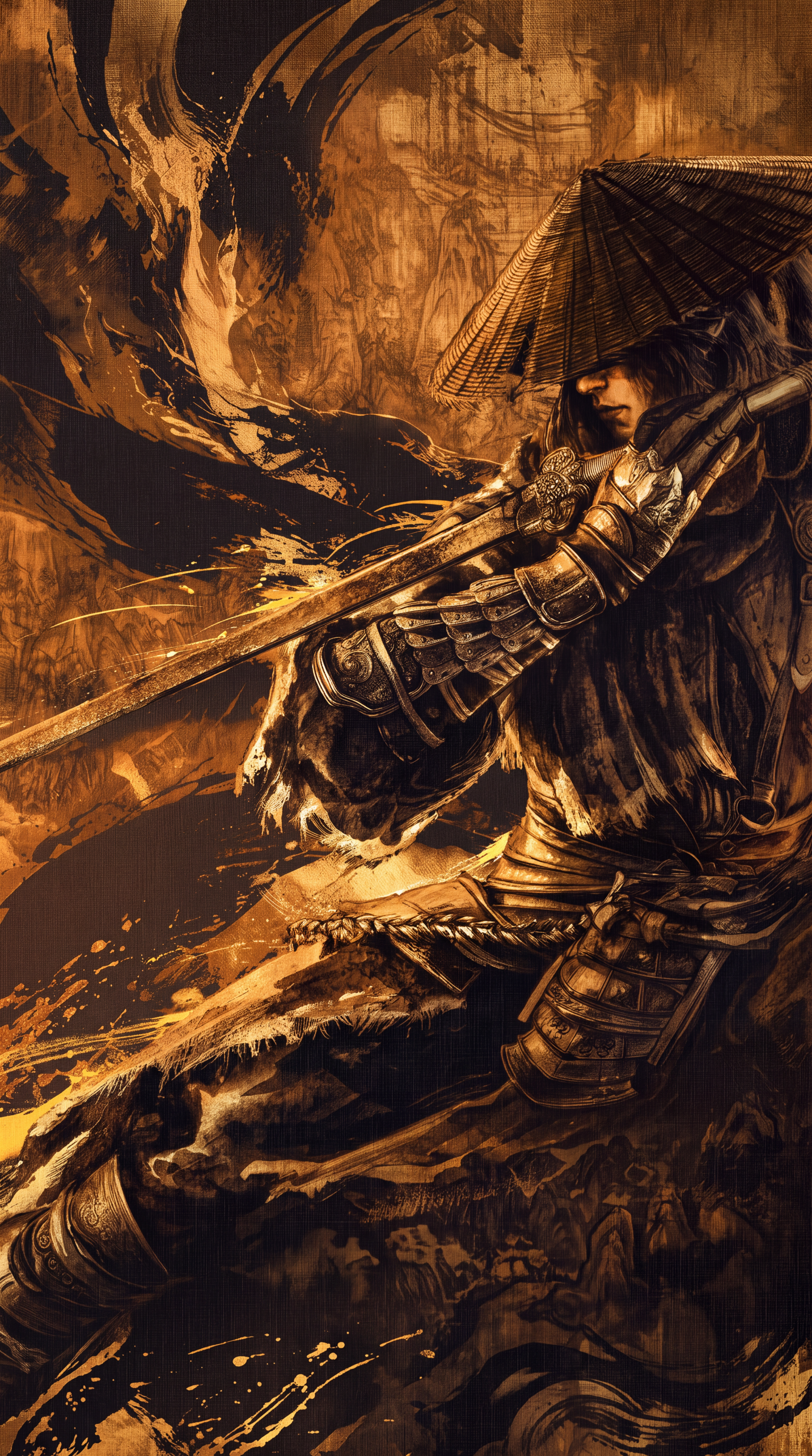Phantom Blade Zero samurai warrior in layered armor wielding a sword, dramatic sepia-toned iPhone wallpaper.