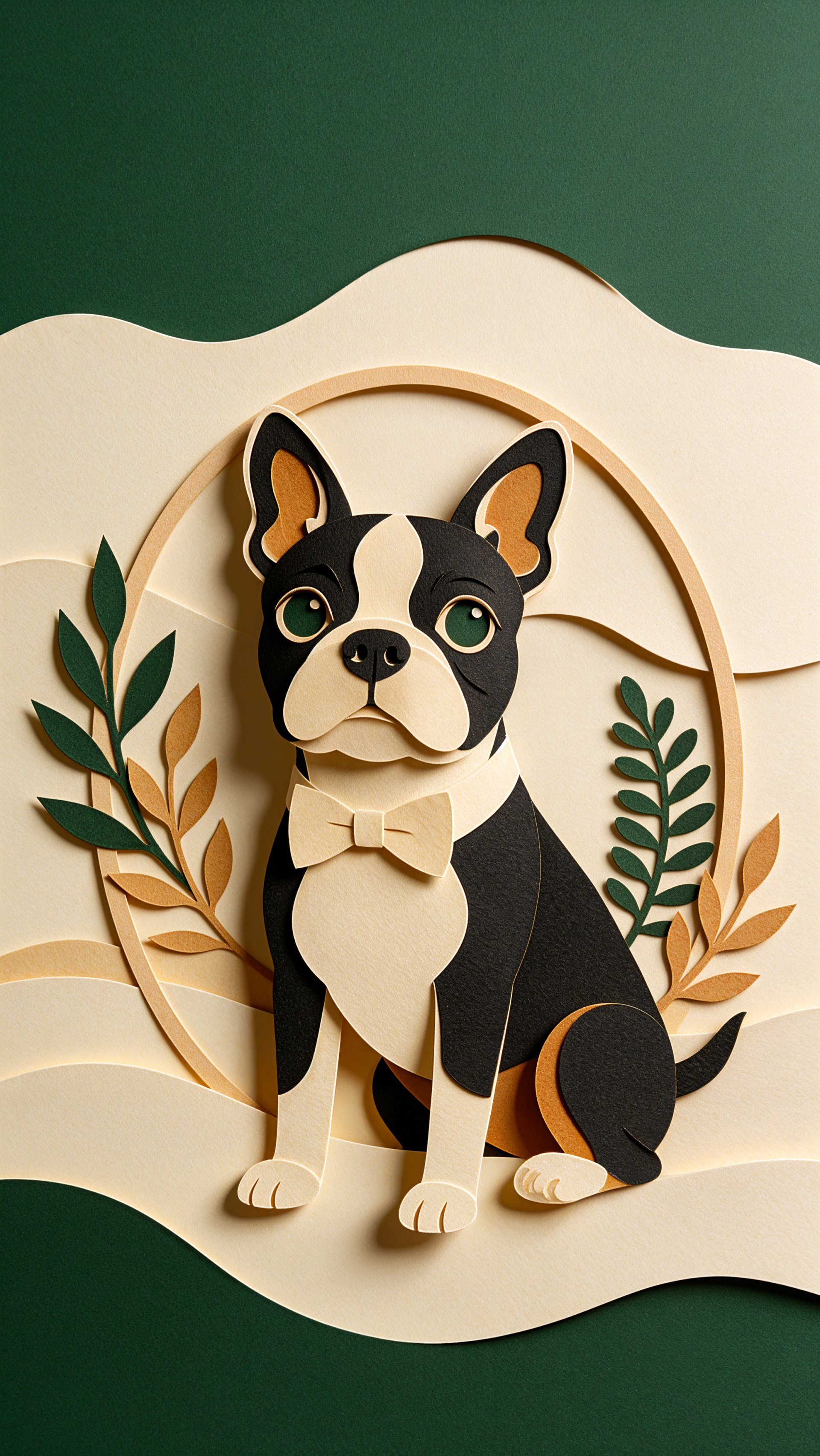 Boston Terrier paper art wallpaper for iPhone, featuring a charming layered paper-cut dog with a bow tie and leafy accents.