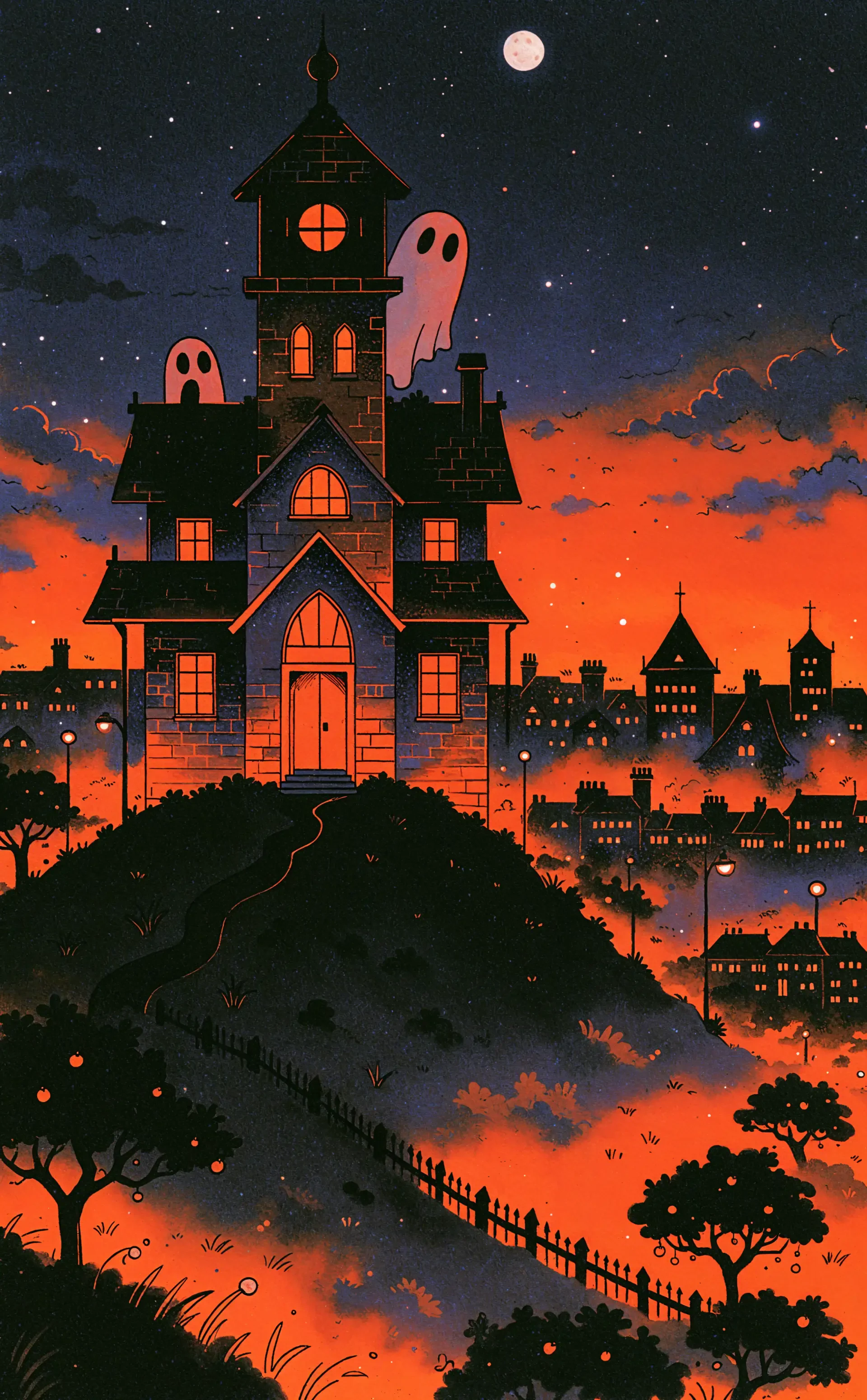 Spooky cute haunted house with floating ghosts beneath a moonlit Halloween sky, illustrated as an iPhone wallpaper.