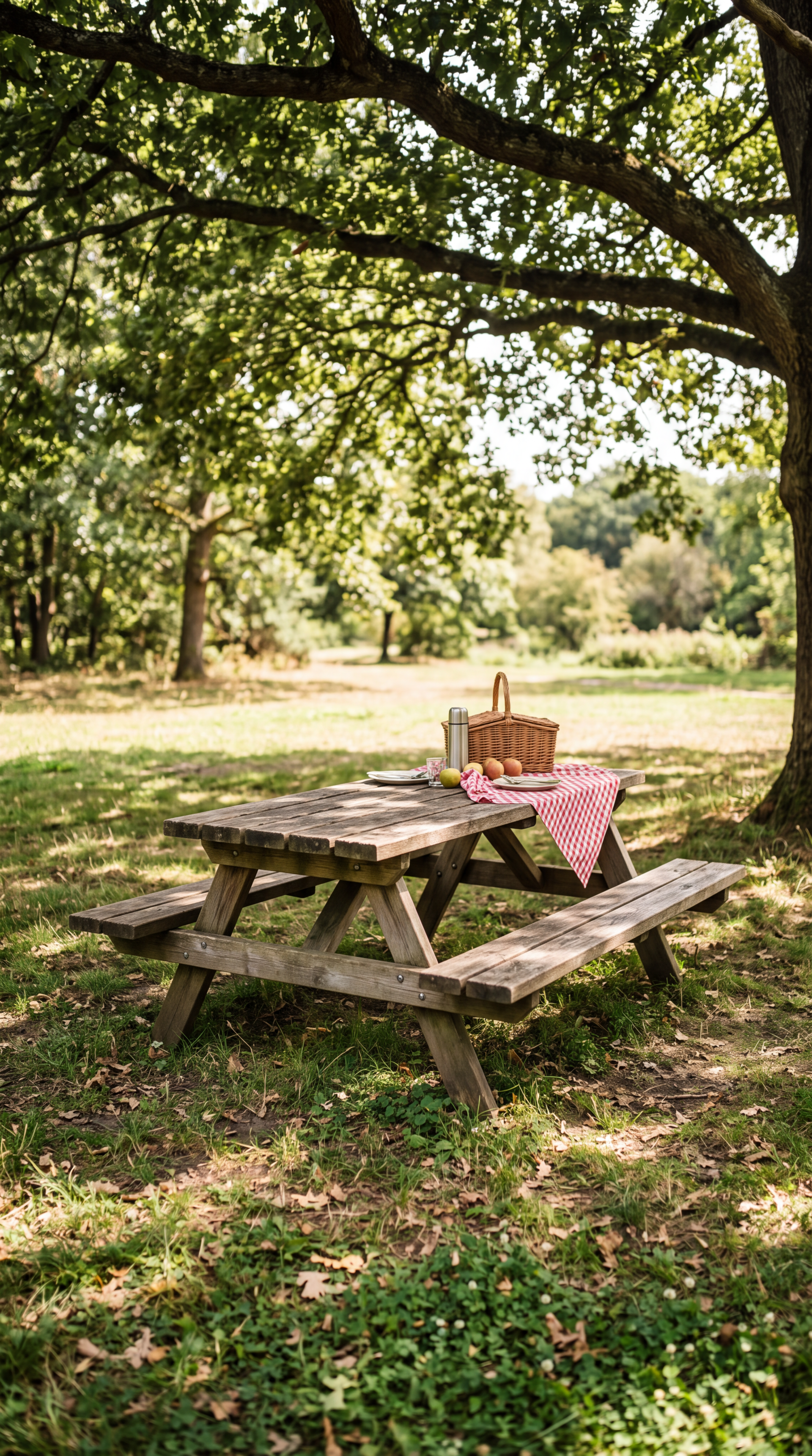 Picnic basket and red-checkered blanket on a wooden picnic table beneath leafy trees in a sunny park, phone wallpaper.