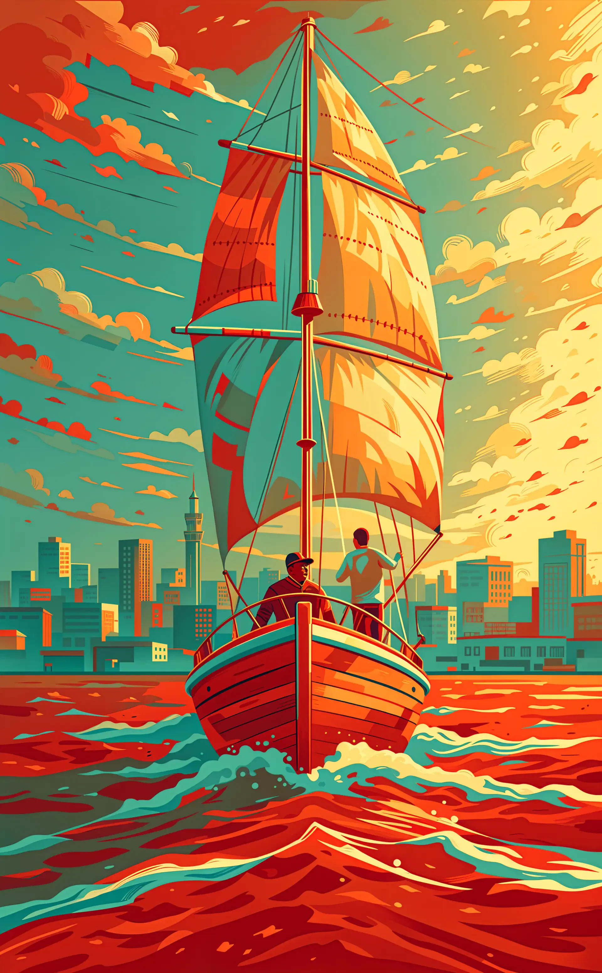 Colorful sailboat with two sailors gliding across the sea toward a city skyline, vibrant iPhone wallpaper.