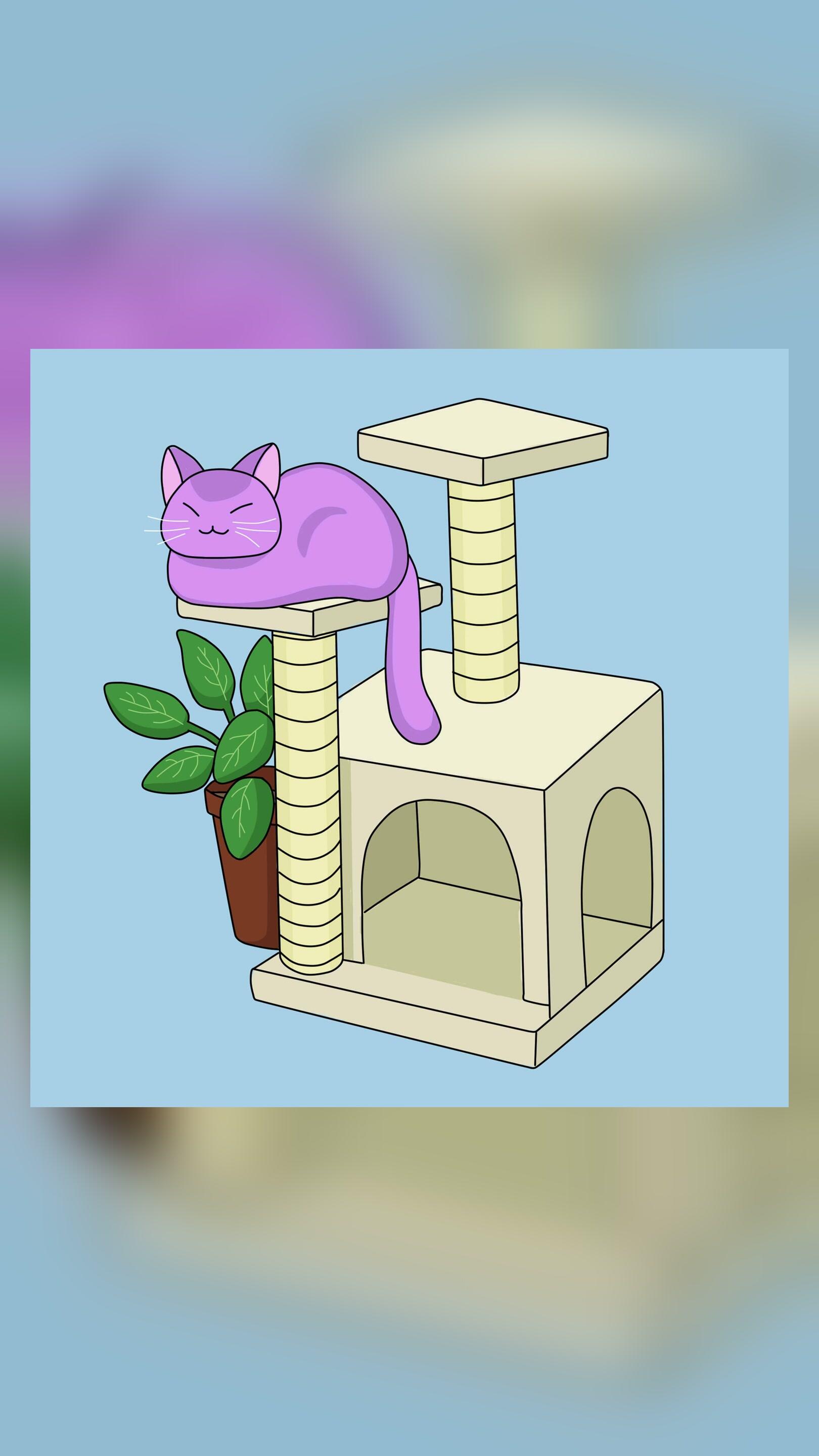 Lo-fi Purrple Cat iPhone wallpaper featuring a sleepy purple cat lounging on a cat tree beside a potted plant.