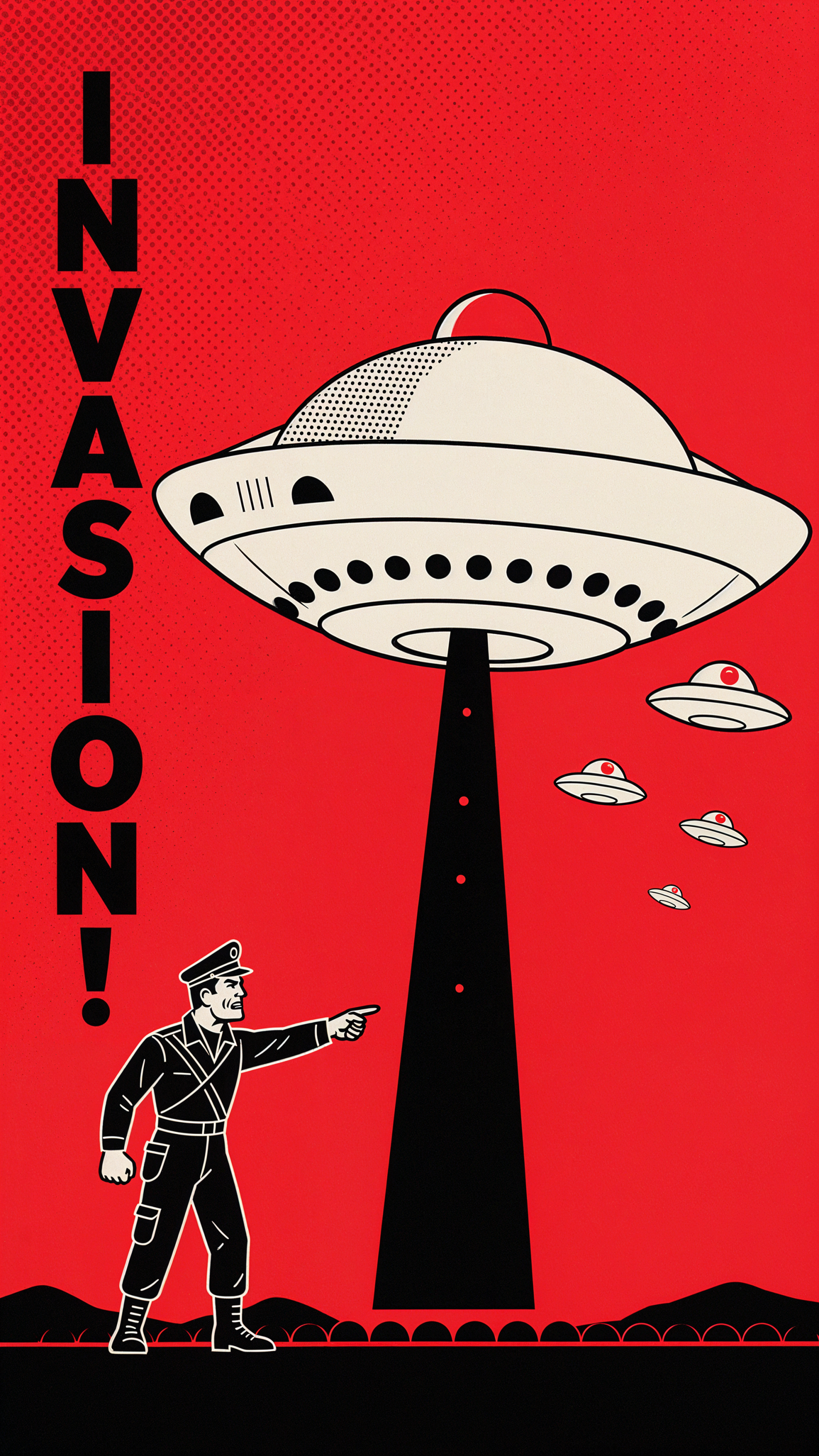 Red retro sci-fi iPhone wallpaper showing a UFO invasion, flying saucers, and a beam-lit officer beneath bold “INVASION!” lettering.