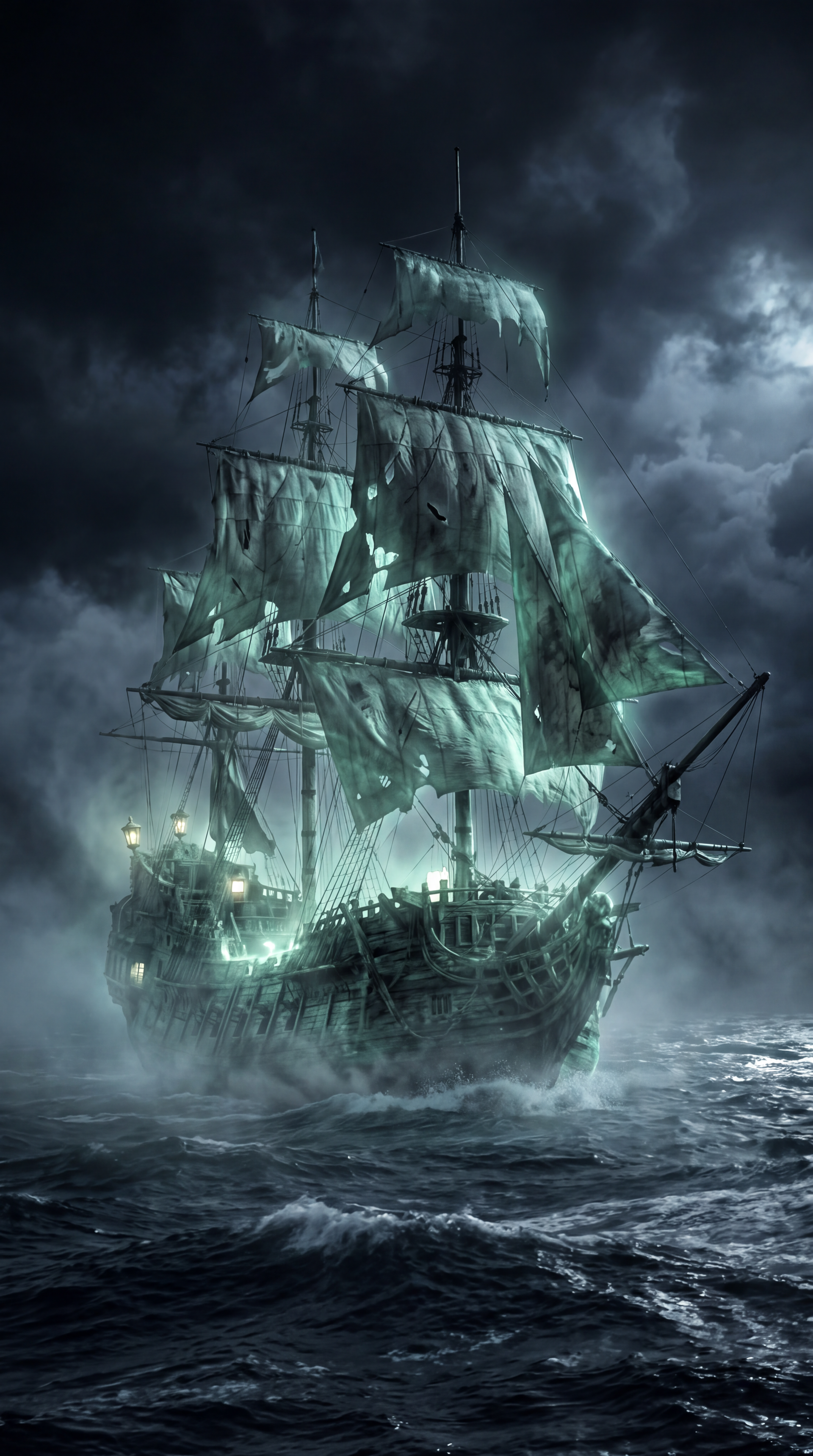 A ghostly phantom ship sails through stormy seas beneath dark clouds, with glowing green sails in this iPhone wallpaper.
