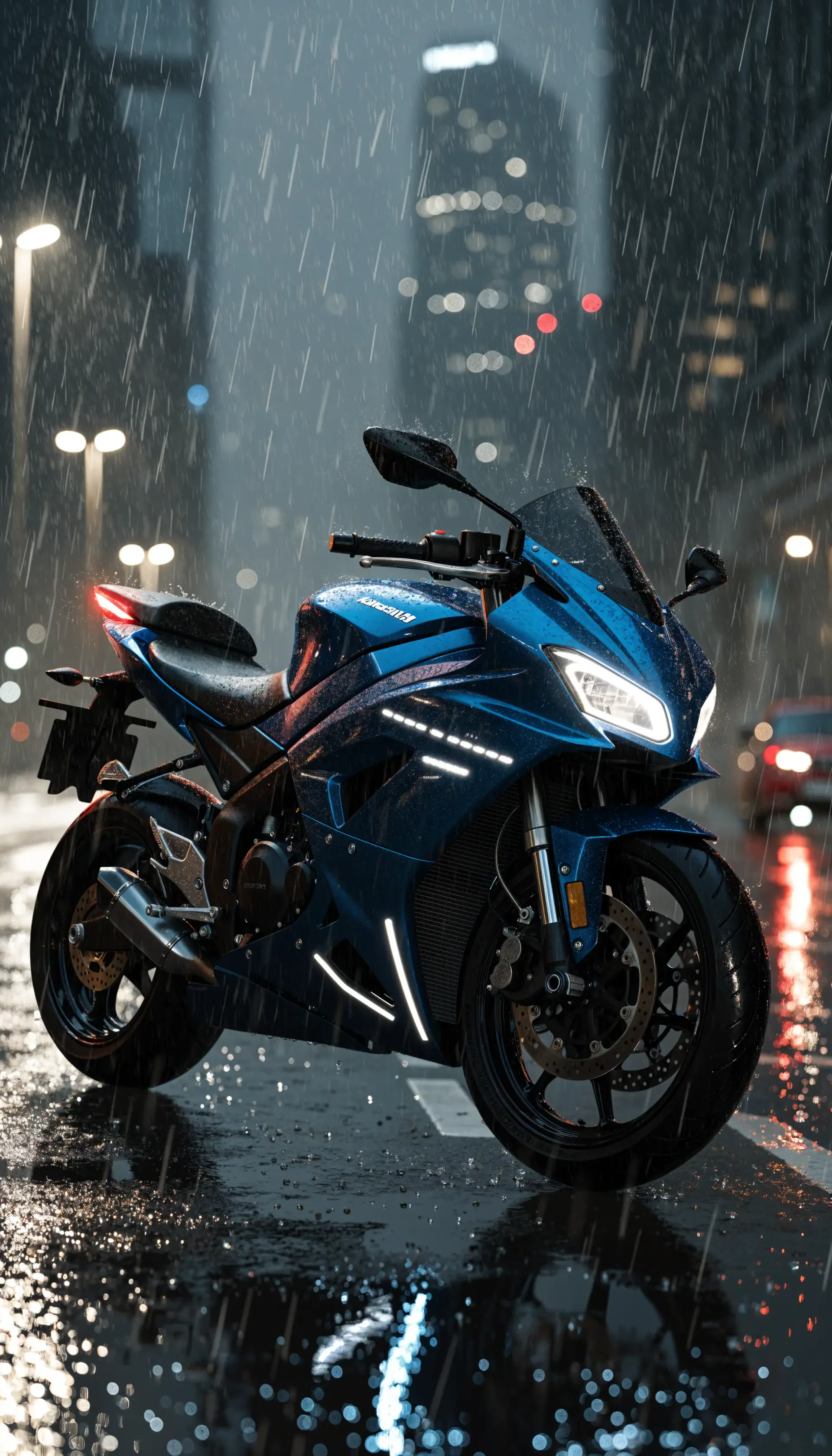 Blue Kawasaki sportbike parked on a rain-soaked city street at night, vertical iPhone wallpaper.