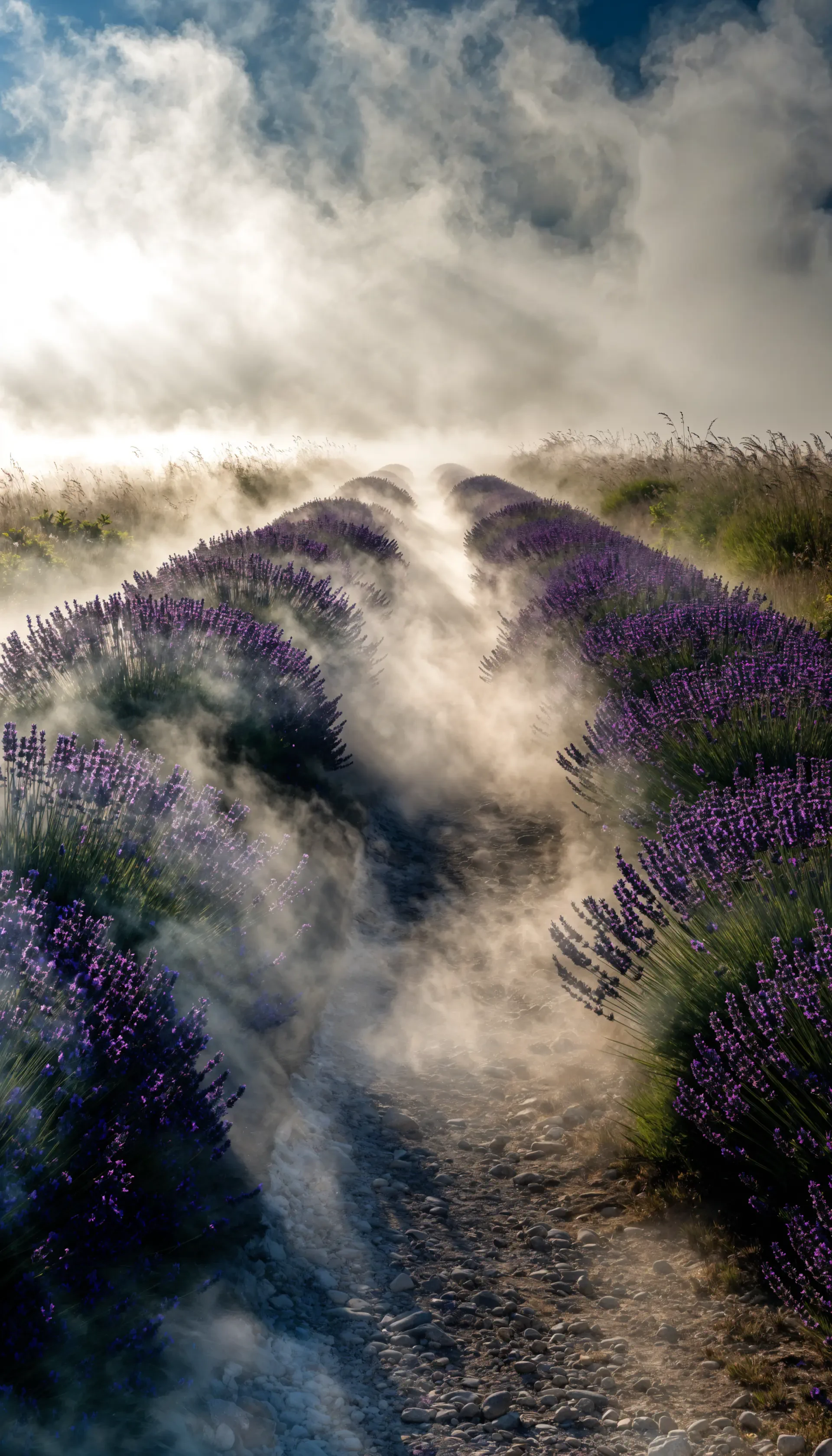 Vertical iPhone wallpaper of a misty path winding through a purple lavender field beneath dramatic foggy skies.