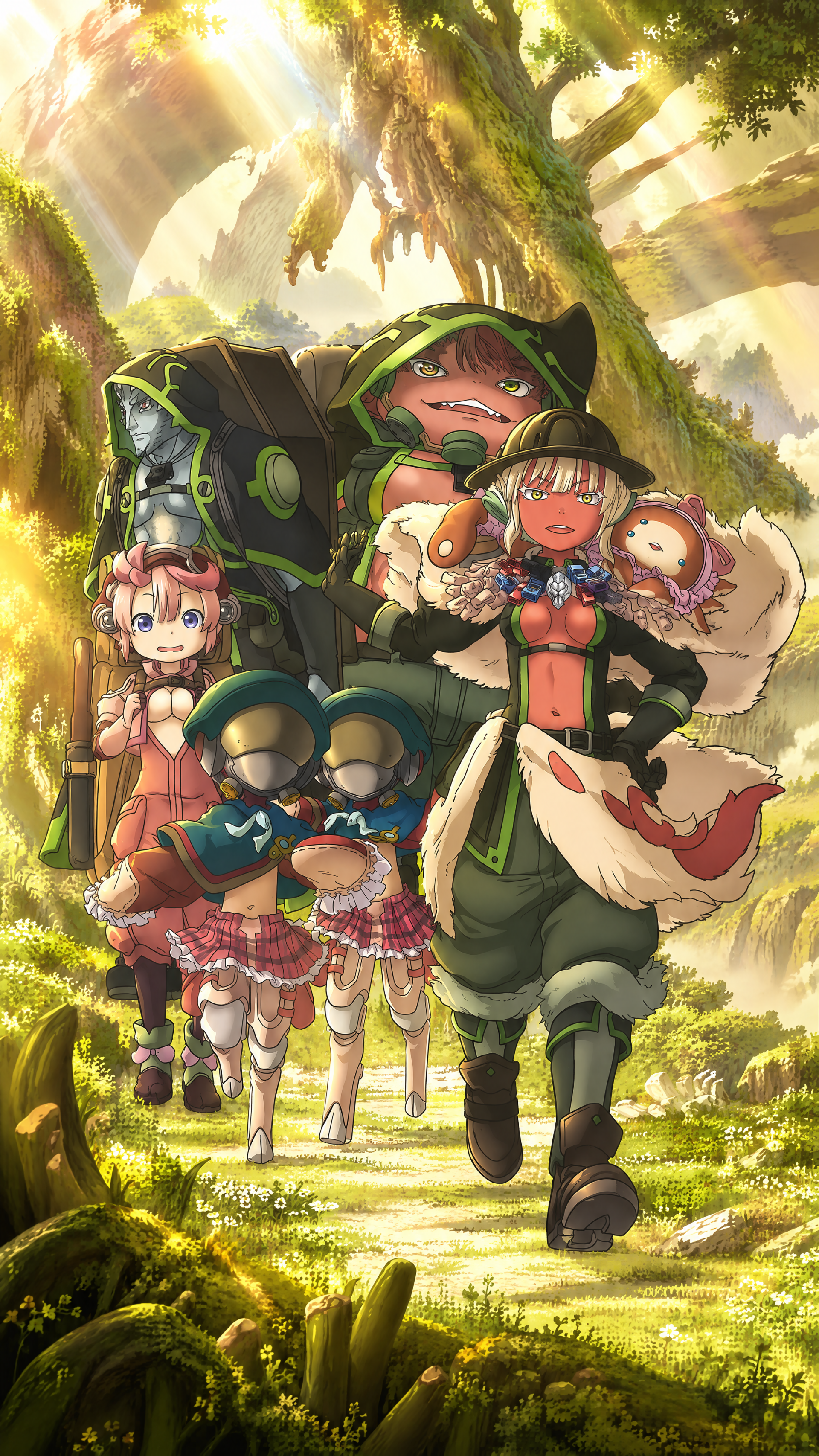 Made in Abyss anime adventurers explore a sunlit forest in this colorful iPhone wallpaper.