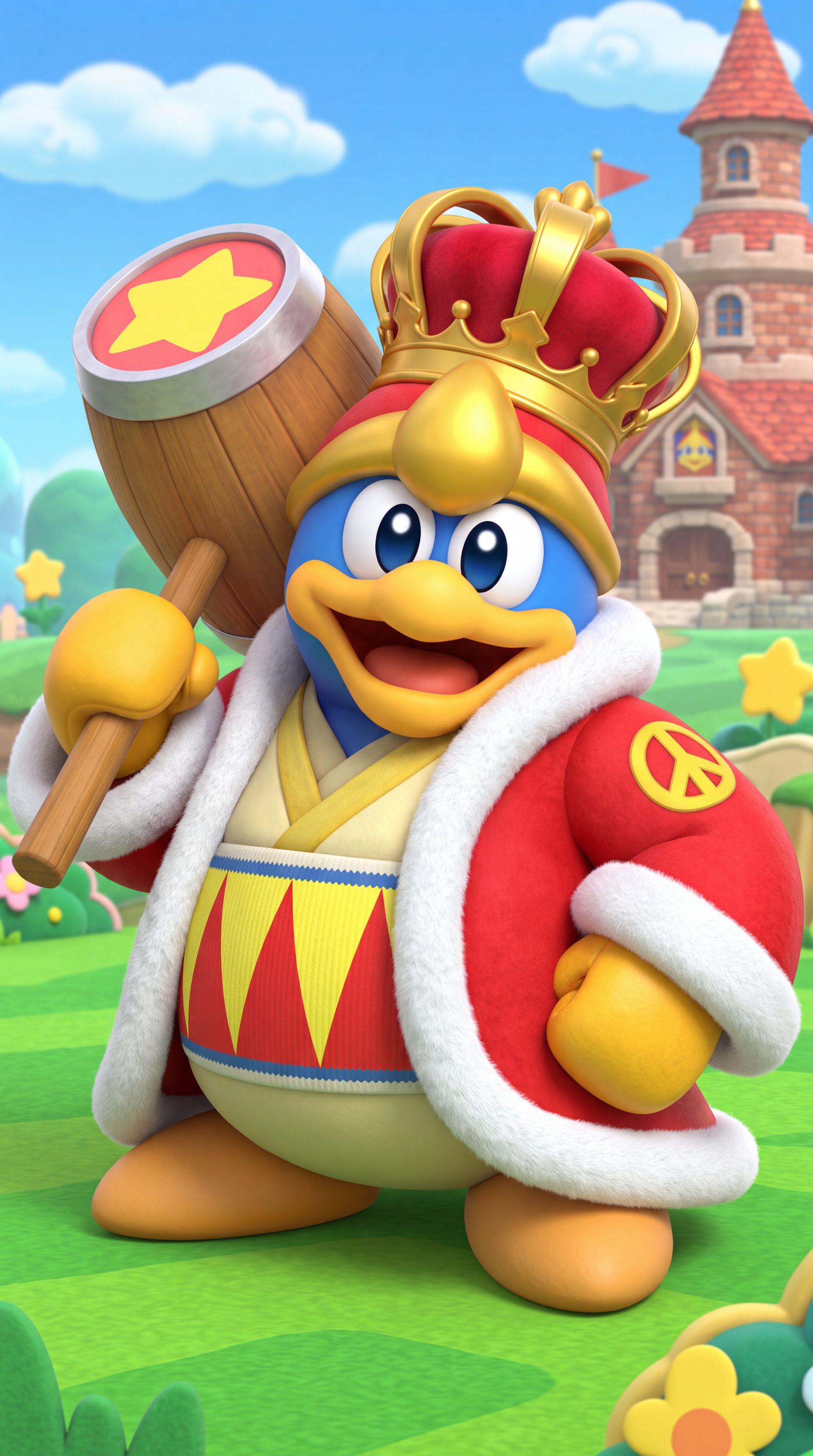 King Dedede from Nintendo holds his star-emblazoned hammer in a colorful iPhone wallpaper.