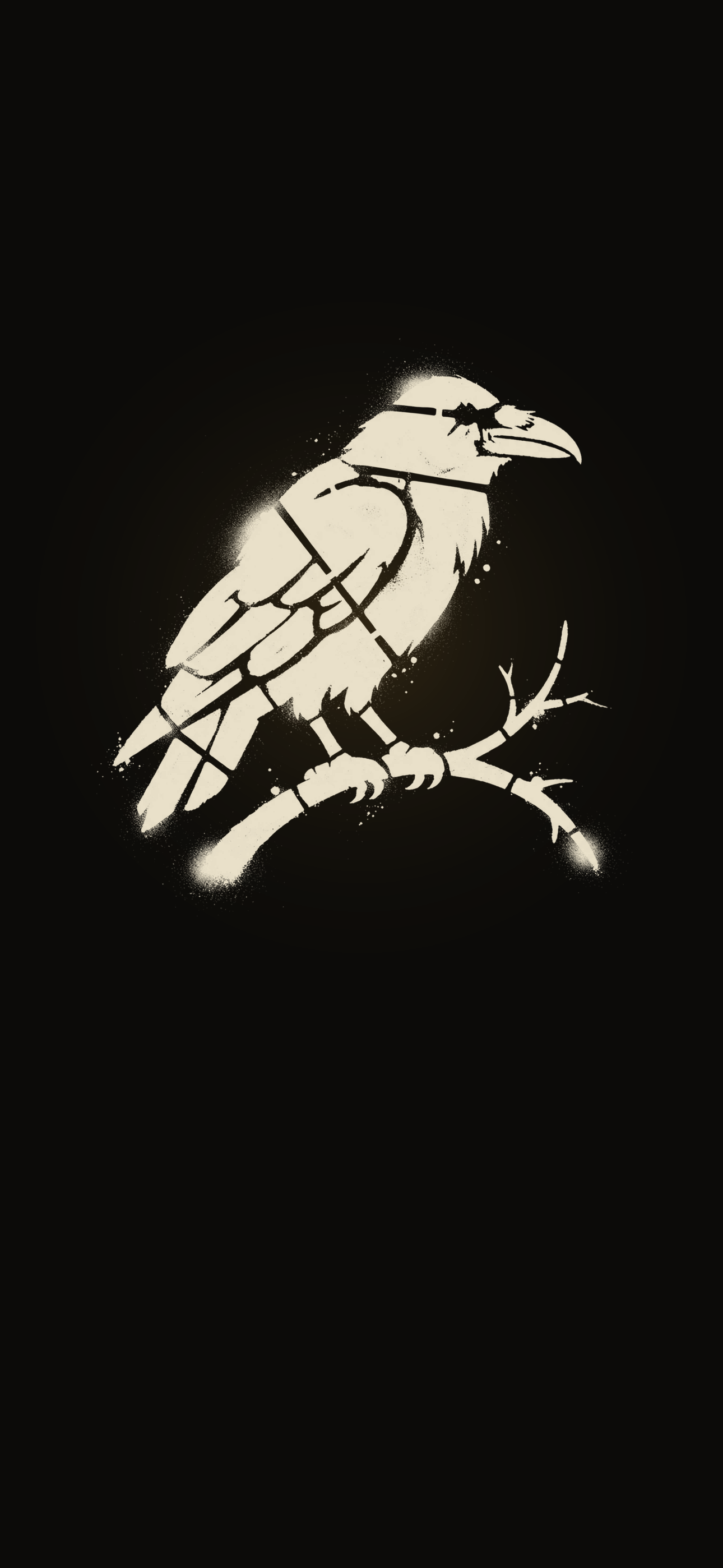 Black and white ink illustration of a raven perched on a branch, a dark phone wallpaper with bold, minimalist bird artwork.