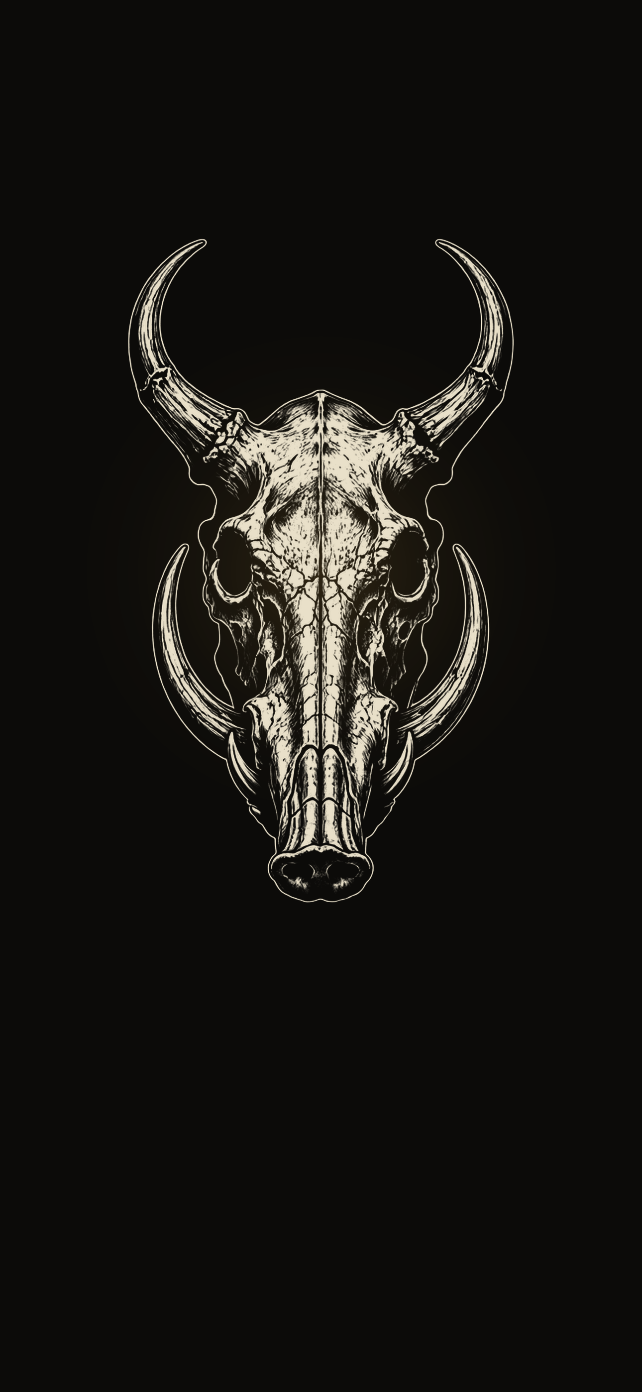 Dark black-and-white ink illustration of a horned boar skull on a black background, designed as an iPhone wallpaper.