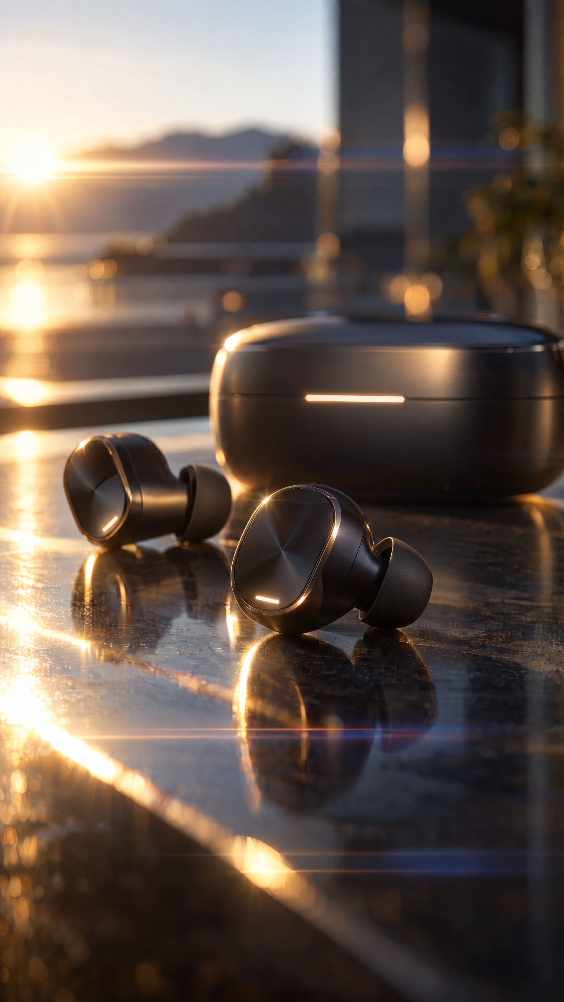Wireless earbuds and charging case on a reflective surface at sunset, a sleek iPhone wallpaper.