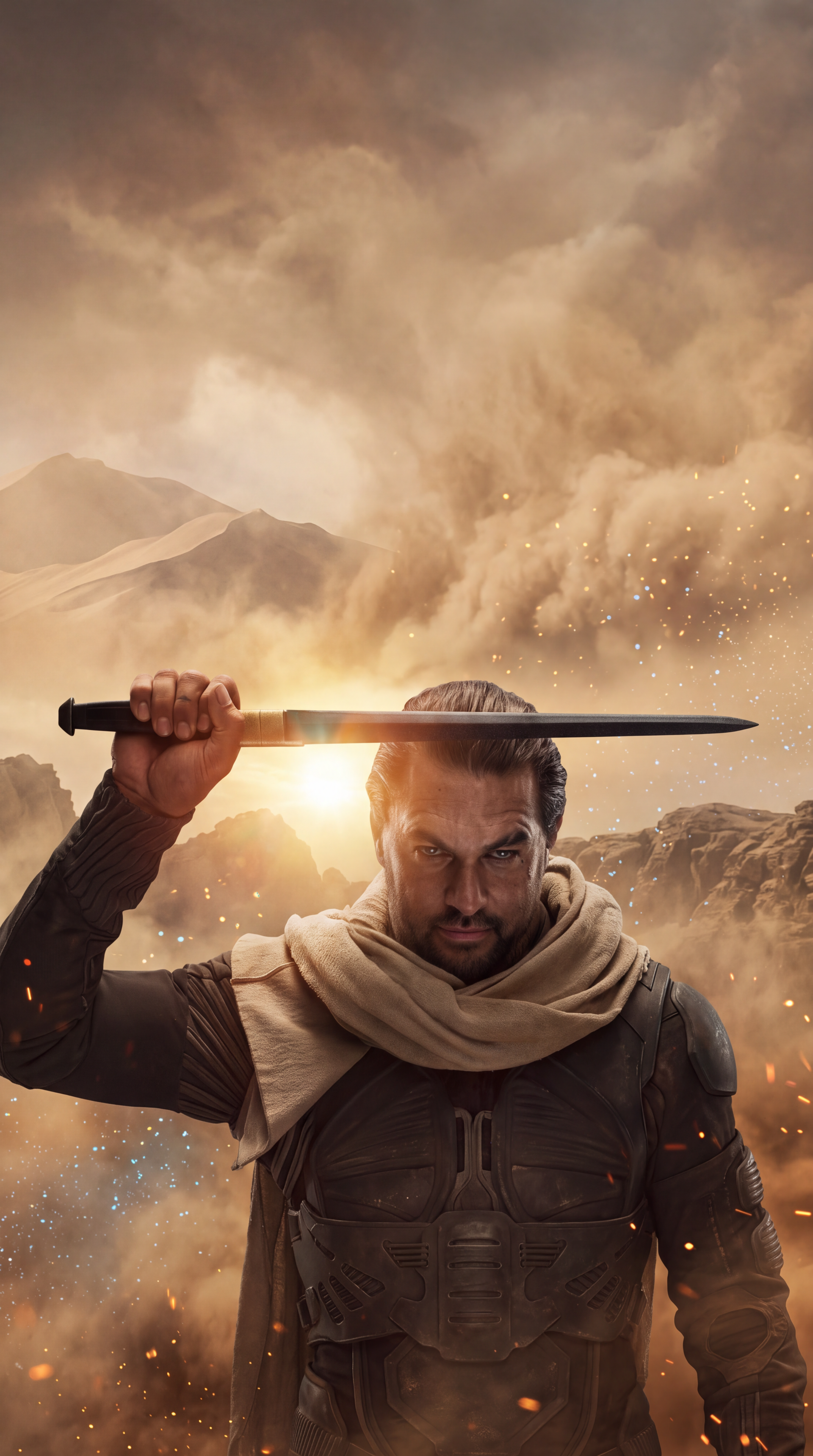 Jason Momoa as a Dune warrior holding a sword amid a desert storm, Dune: Part Three iPhone wallpaper