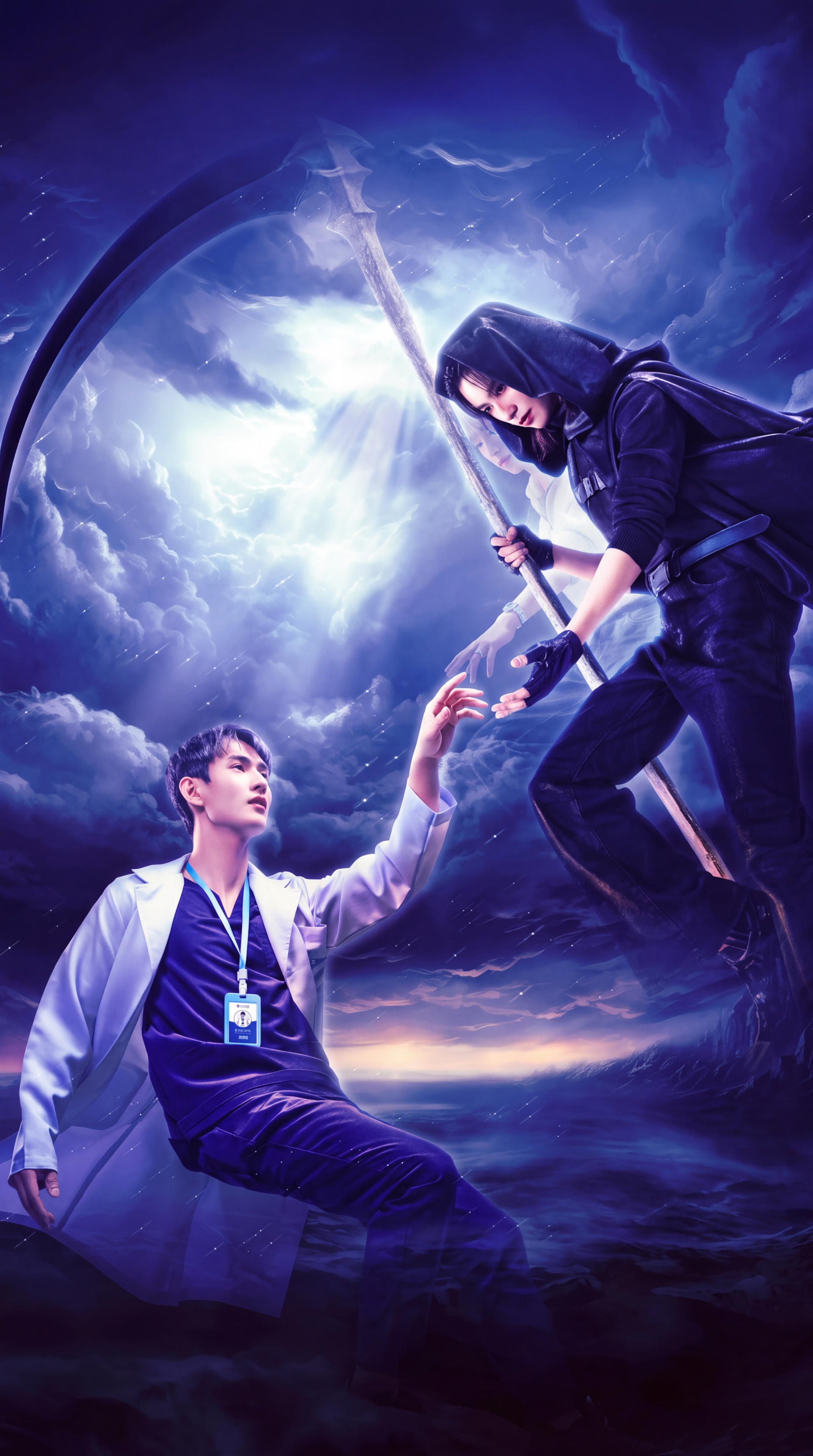 The Grim Lover by Pooh Pavel, featuring a hooded man with a scythe reaching toward another man beneath a glowing moon, in a dramatic iPhone wallpaper.