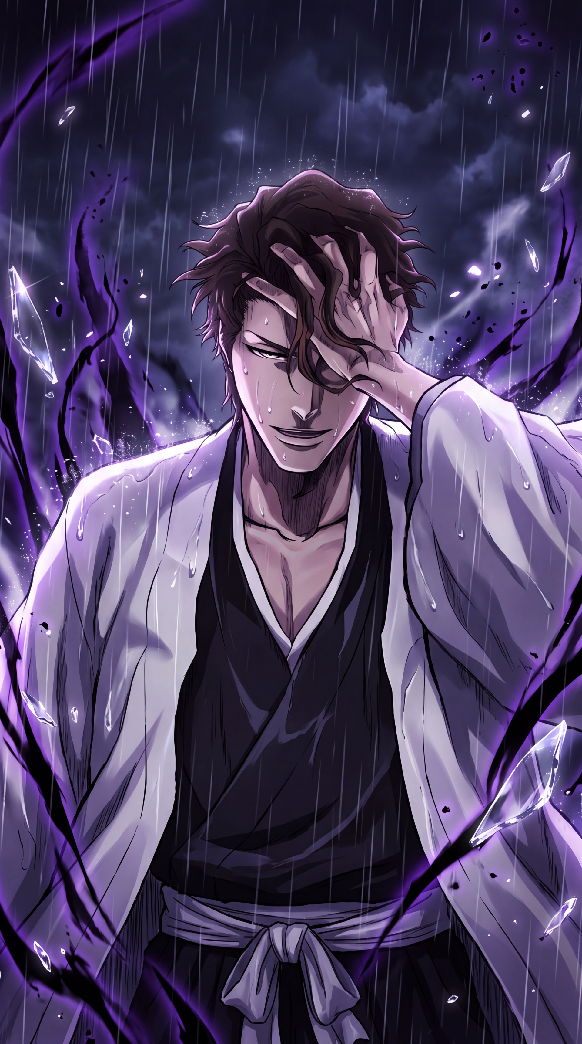 Bleach anime phone wallpaper featuring Sōsuke Aizen in a white captain’s robe surrounded by swirling purple energy.