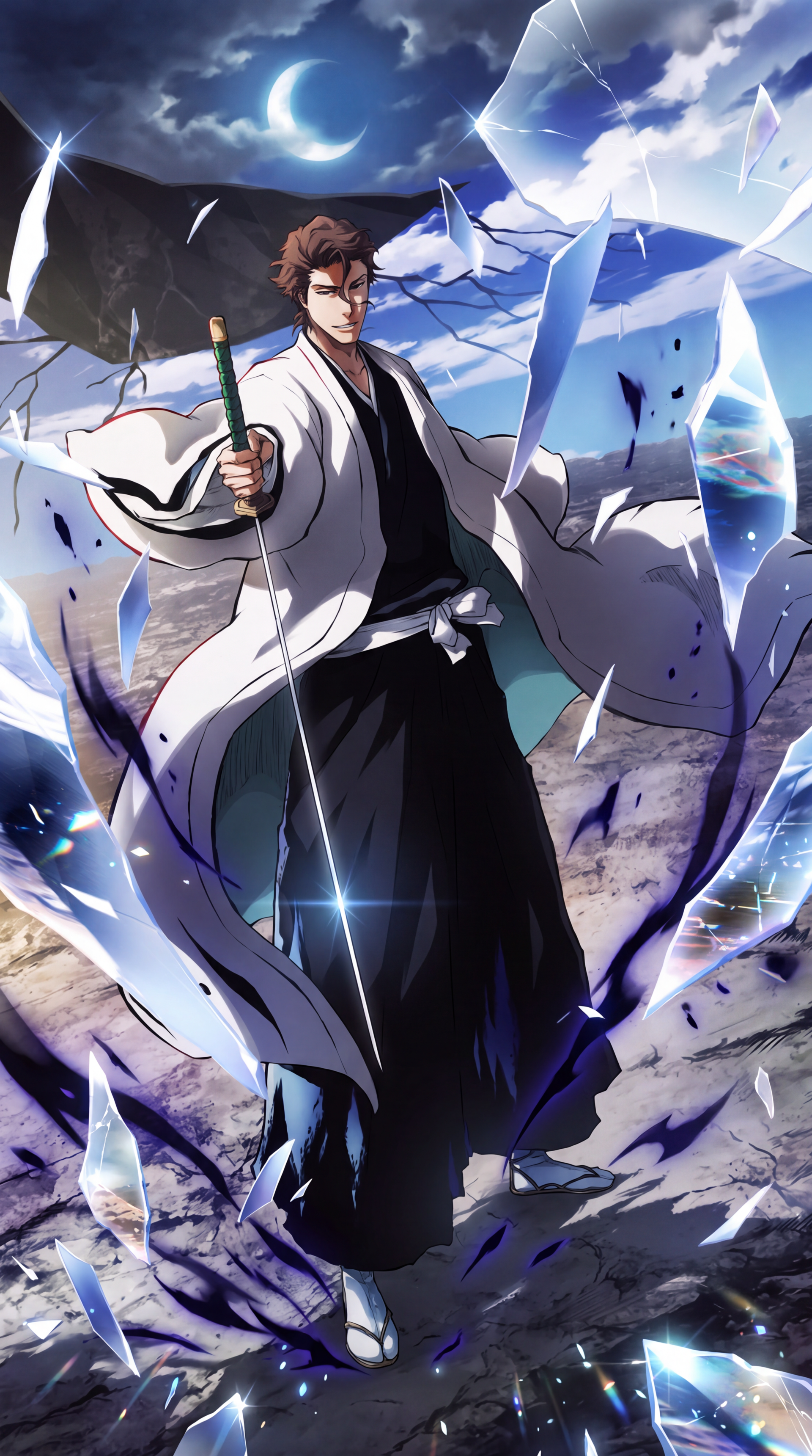 Sōsuke Aizen wielding a samurai sword amid shattered ice in a dramatic Bleach anime iPhone wallpaper.