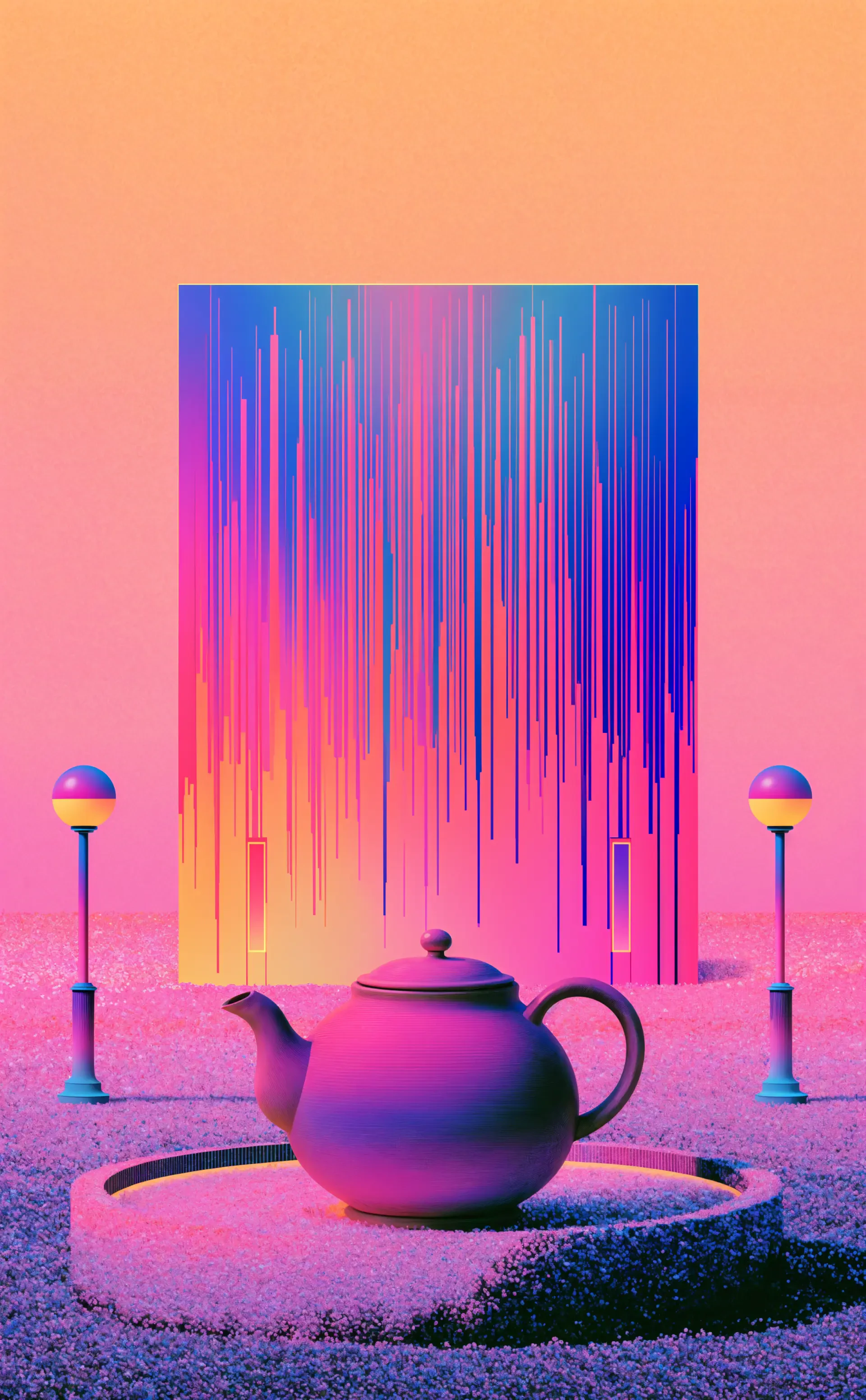 Surreal teapot before a glowing neon portal in a vibrant pink landscape, digital art phone wallpaper.