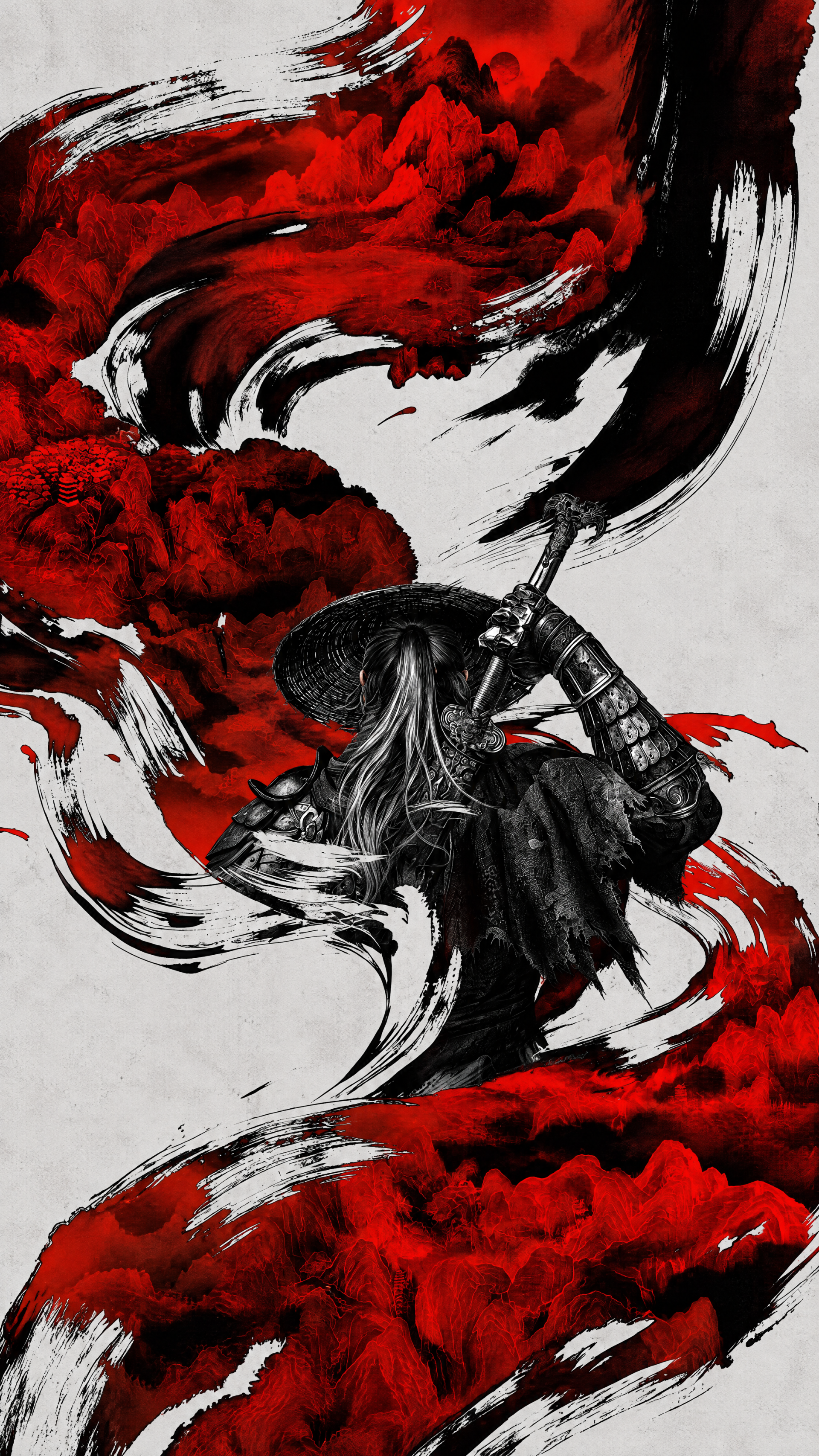 Phantom Blade Zero samurai warrior with sword amid bold red and black brushstrokes, dramatic iPhone wallpaper