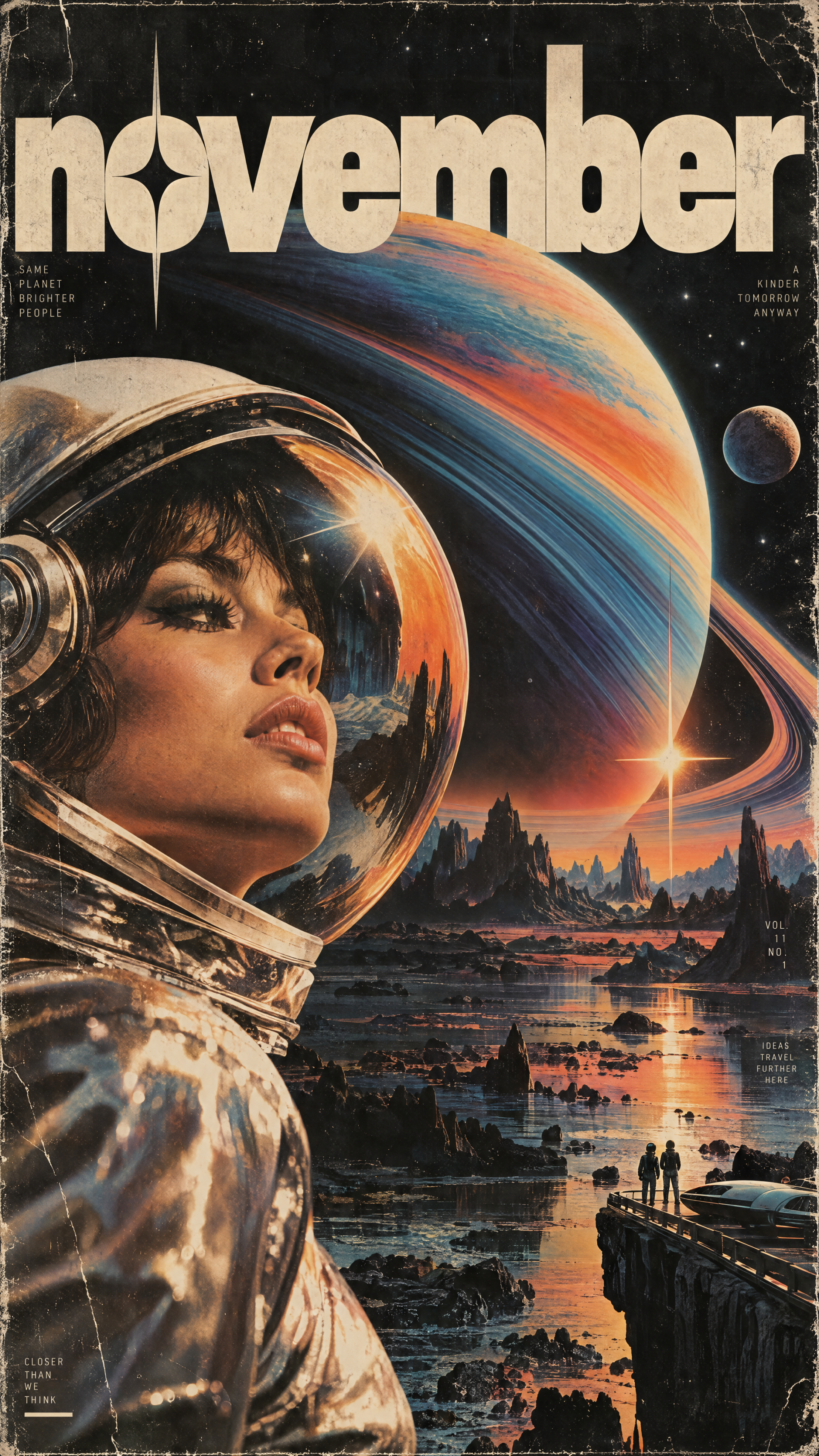 November science fiction iPhone wallpaper featuring an astronaut beneath a colorful ringed planet and sunset-lit alien landscape.