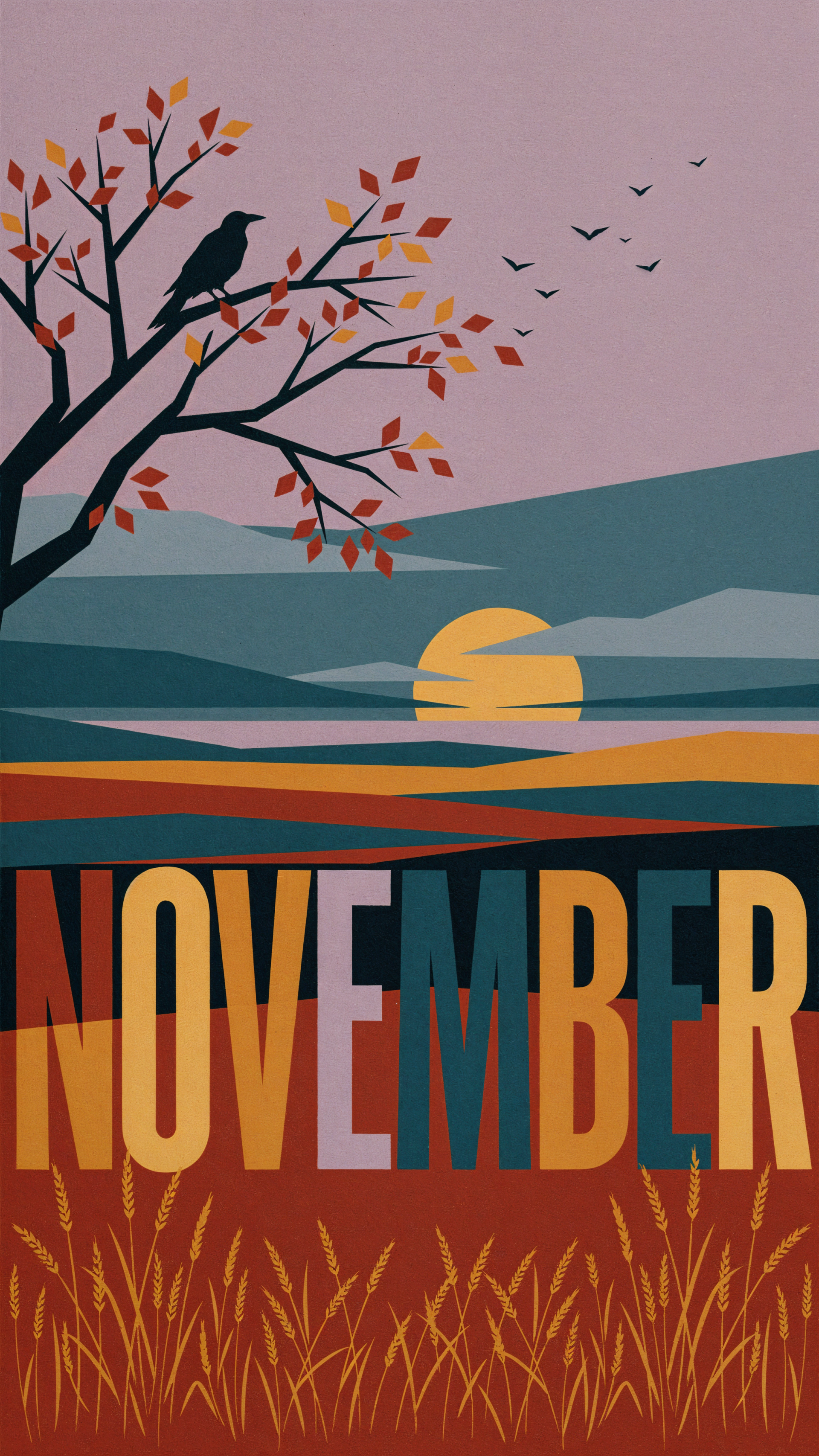 November autumn iPhone wallpaper poster with a bird in an orange-leaved tree, sunset over layered hills, and bold November lettering.