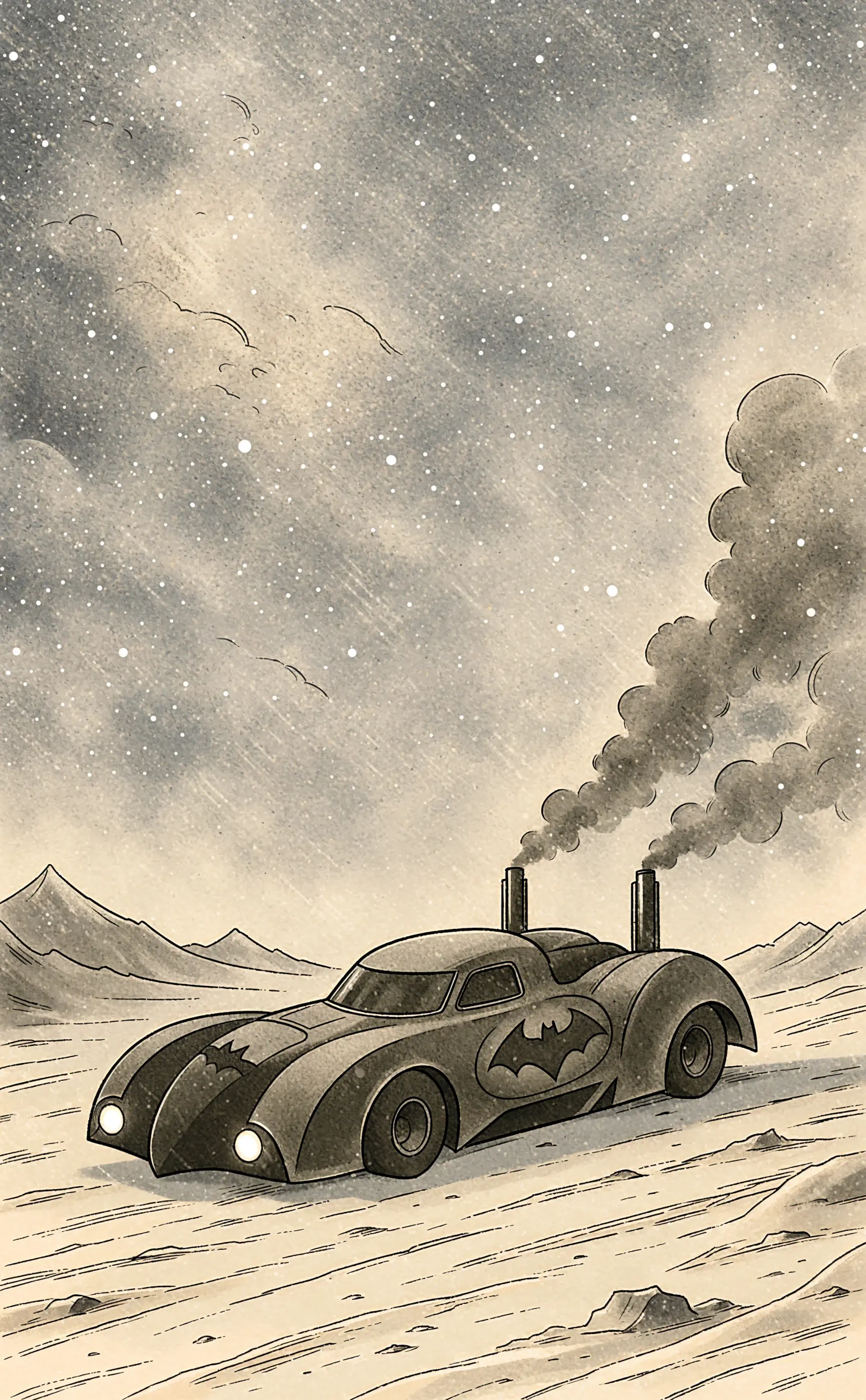 Sepia-toned Batmobile racing across a desert under a starry sky, Batman car illustration for an iPhone wallpaper.