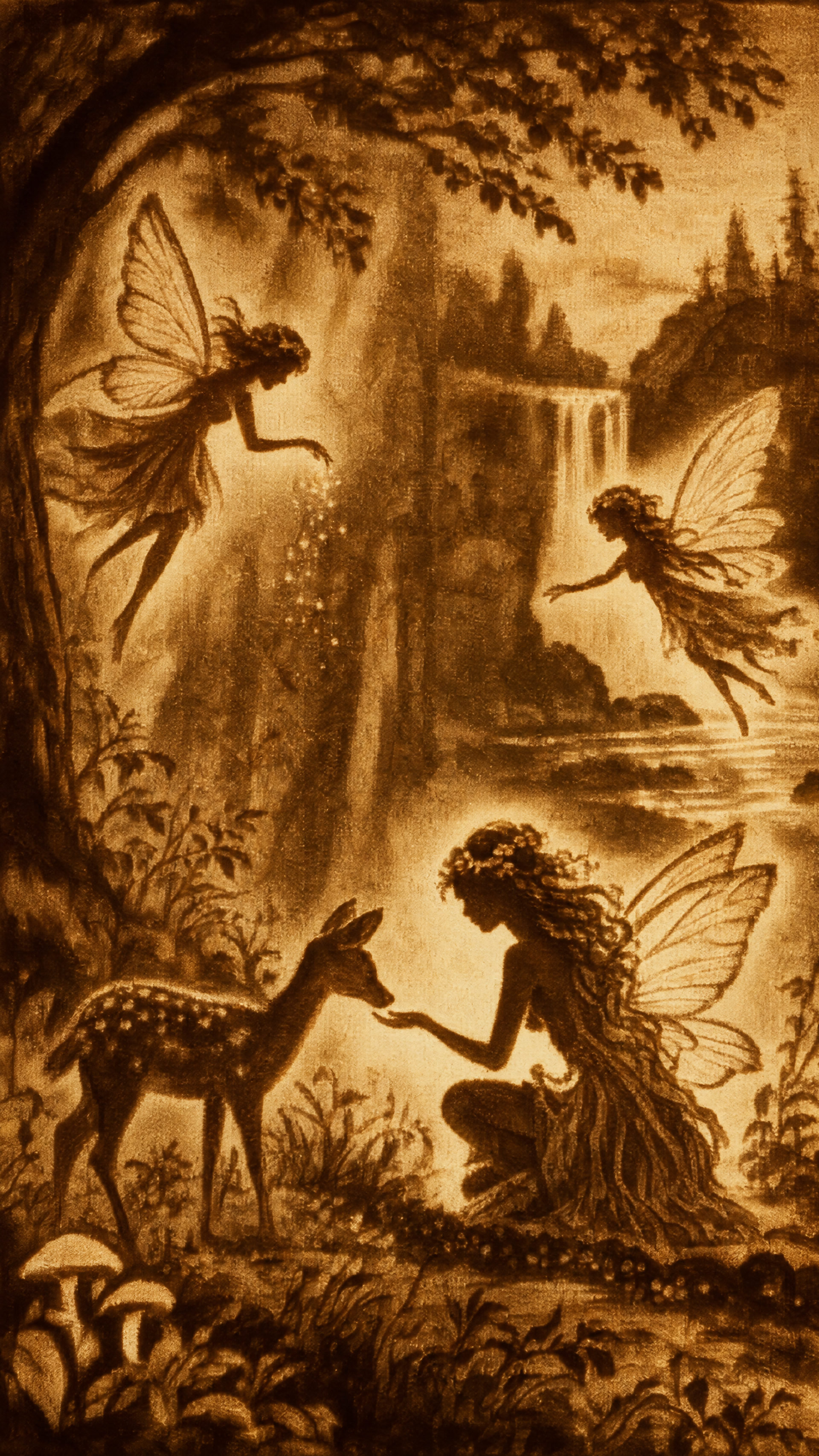 Sepia forest fairy and deer beside a waterfall, framed by woodland foliage in a whimsical iPhone wallpaper