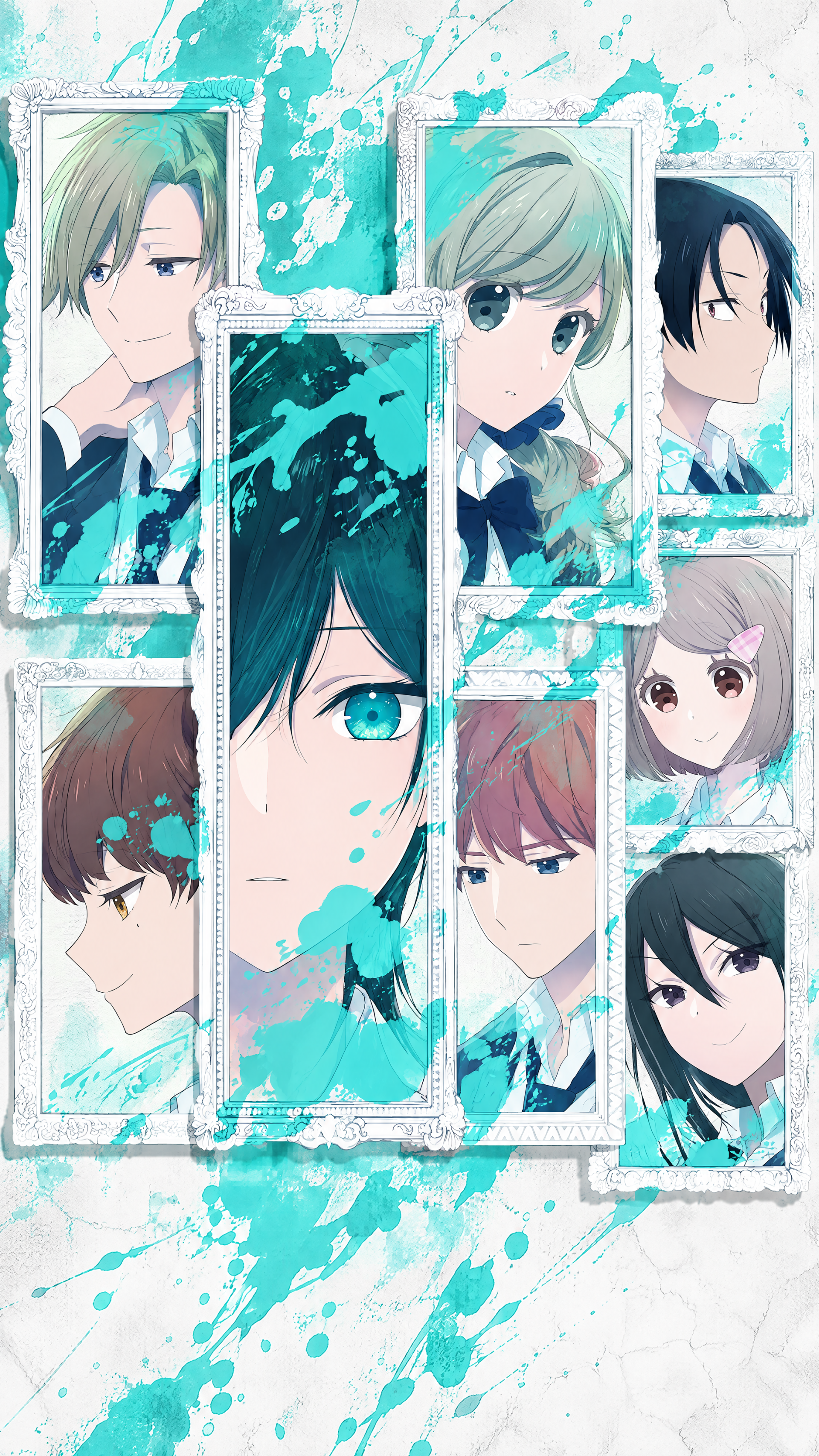 Just Like Mona Lisa anime phone wallpaper featuring Hinase Arima and character portraits in Shaft’s delicate anime art style.