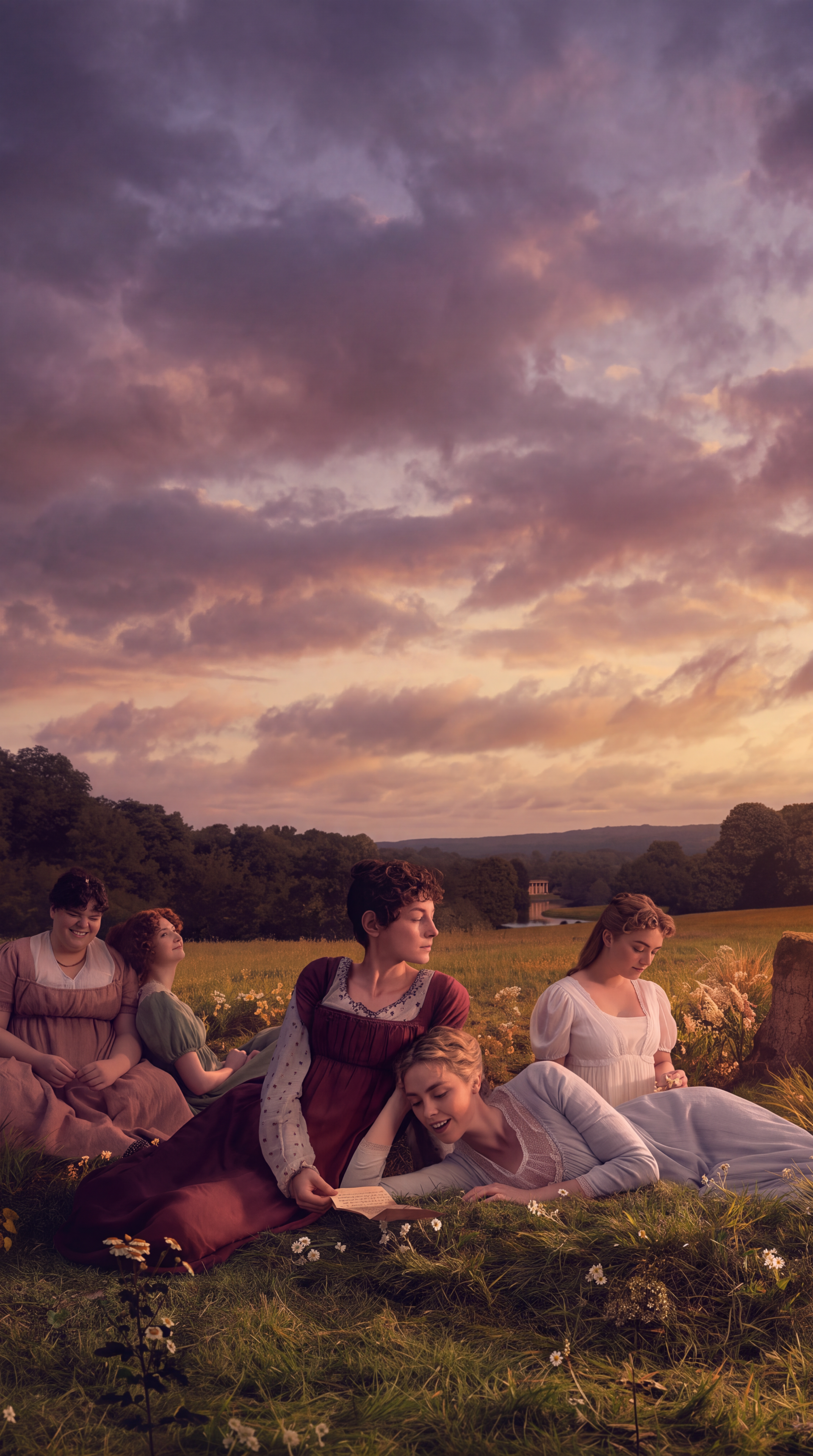 Pride and Prejudice (2026) Netflix iPhone wallpaper of women in a meadow beneath a dramatic sunset sky.
