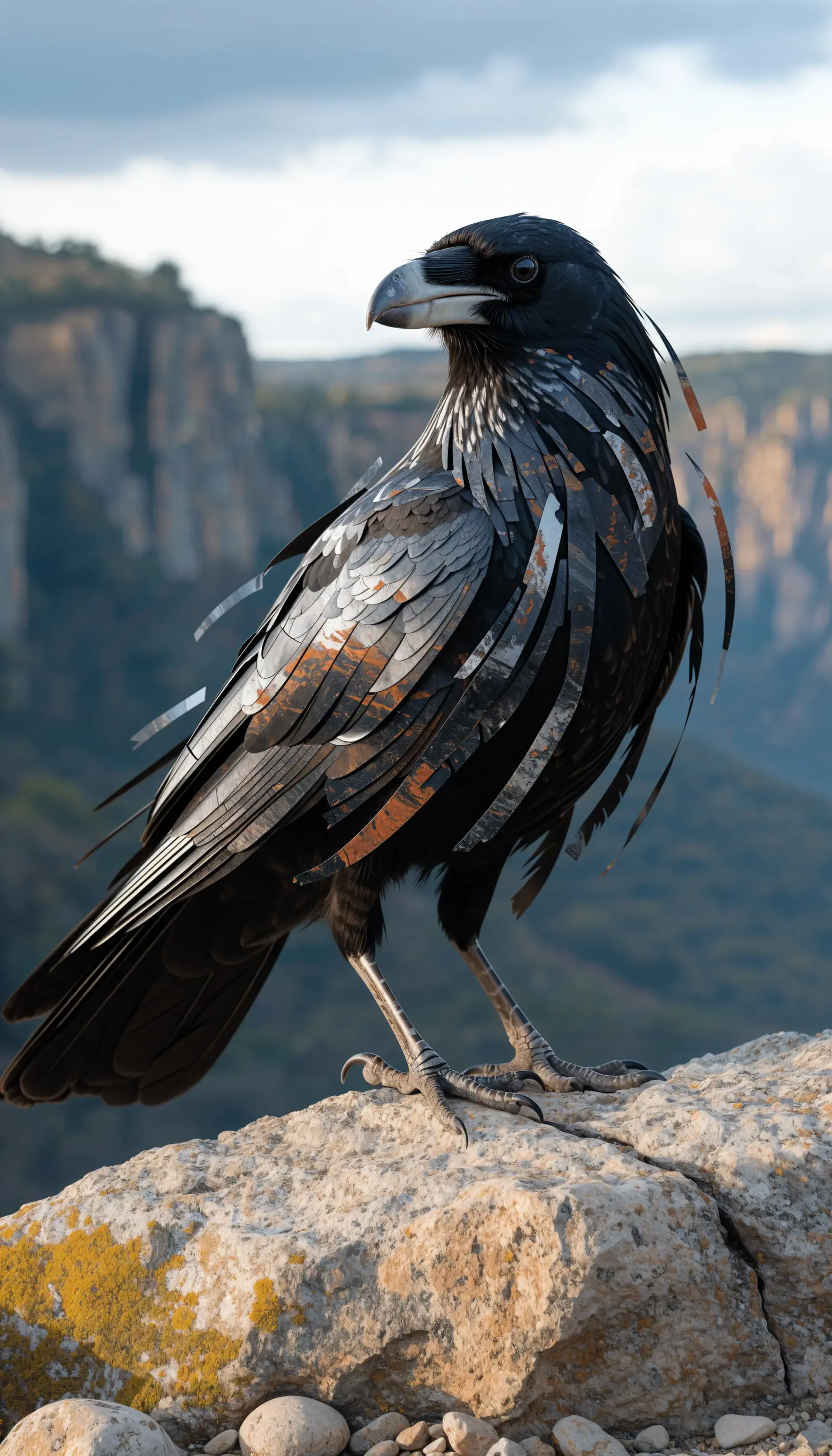 Black raven perched on a rocky cliff with mountains in the background, vertical crow bird iPhone wallpaper.