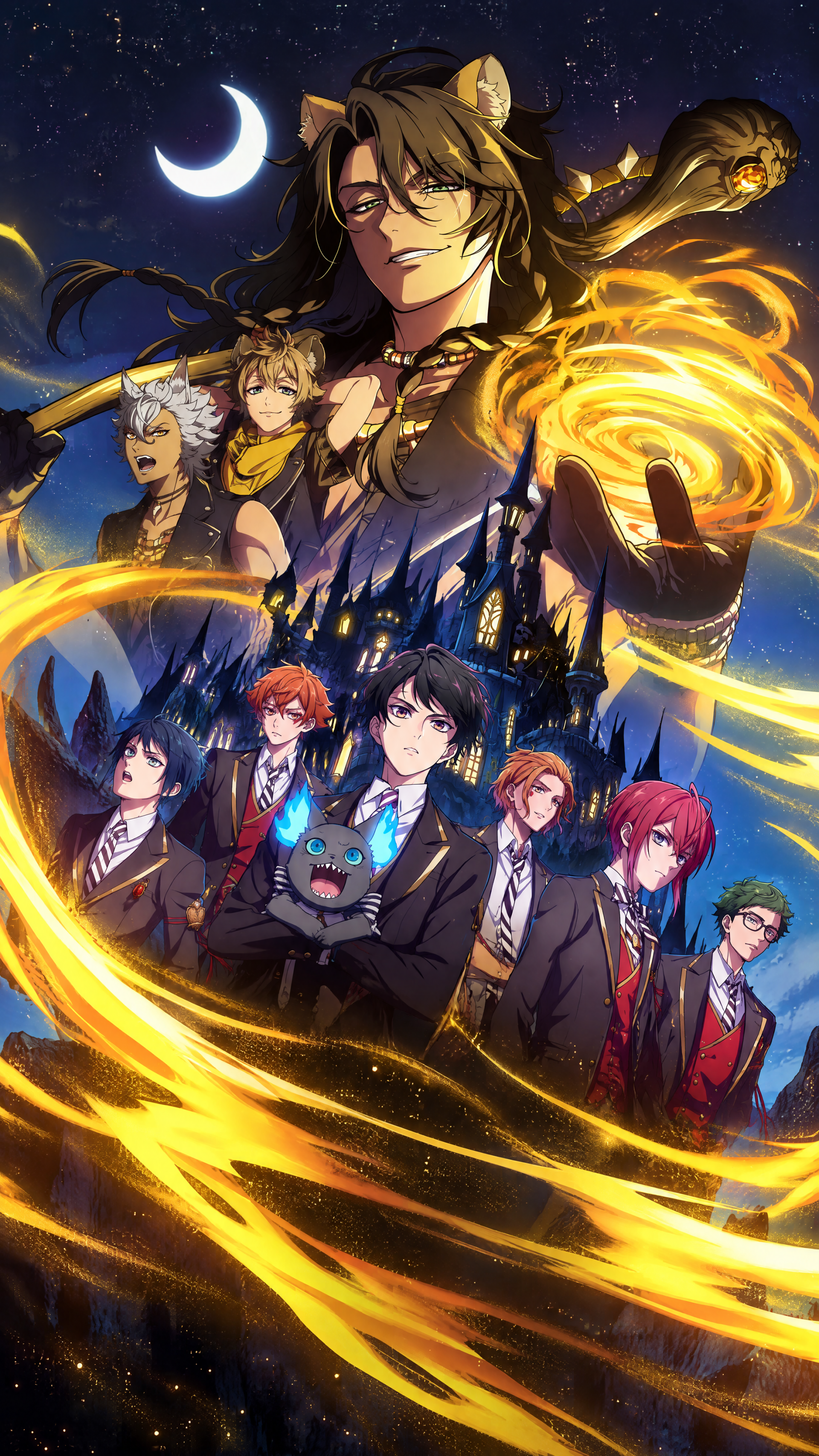 Twisted Wonderland iPhone wallpaper featuring Disney anime boy Leona Kingscholar and fellow characters surrounded by glowing golden magic.