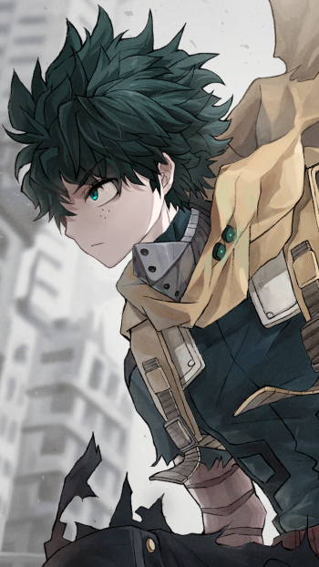 Wallpaper of Izuku Midoriya (My Hero Academia): anime portrait in hero costume with green eyes and messy hair, muted city background — formatted for iPhone and Android.