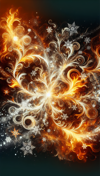 Abstract phone wallpaper featuring swirling designs in vibrant orange and gold, contrasted by delicate white snowflakes, creating a dynamic and enchanting visual effect.
