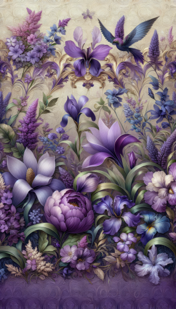 A vibrant phone wallpaper featuring an array of purple flowers, including irises and peonies, alongside lush green leaves and a delicate hummingbird hovering above.