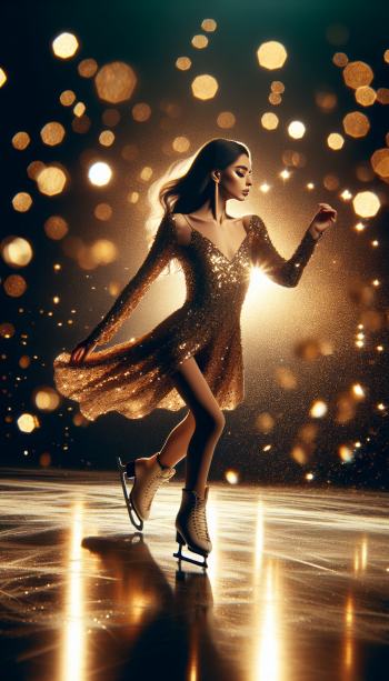 A graceful skater in a shimmering golden dress glides across a sparkling ice rink, surrounded by glimmering lights, creating an enchanting ice skating-themed phone wallpaper.