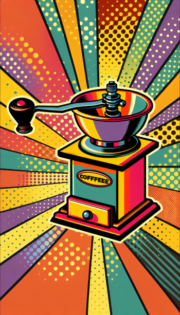 A vibrant, retro-style coffee grinder stands out against a colorful burst of rays, creating a striking and energetic phone wallpaper.