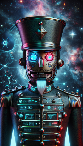 Futuristic nutcracker digital artwork for phone wallpaper featuring a mechanical figure with a starry cosmic background.