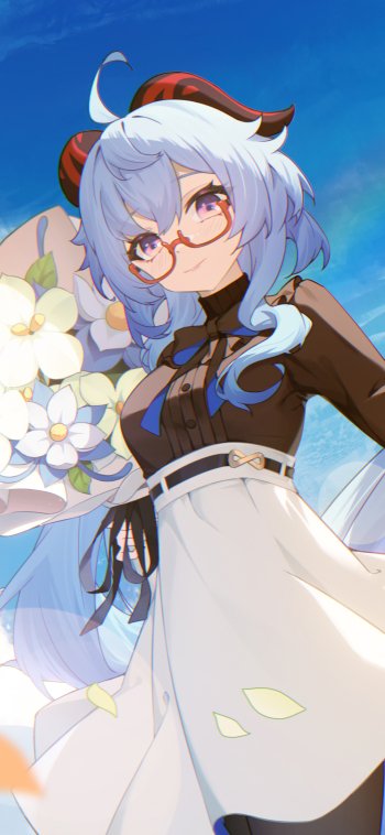 Phone wallpaper featuring a Genshin Impact character with light blue hair, red horns, glasses, and a white dress, set against a bright blue sky background.