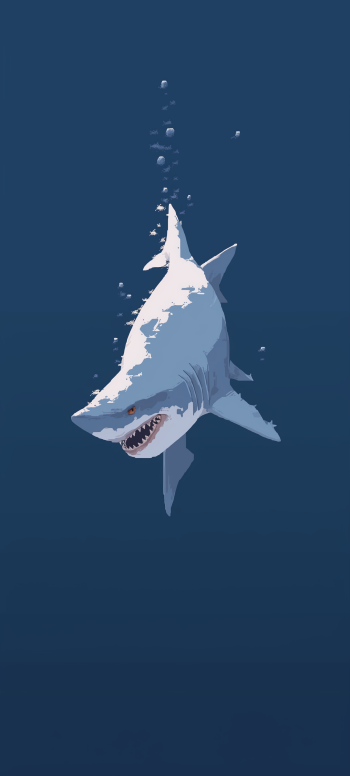 A dynamic illustration of a great white shark swimming through deep blue water, designed as a captivating phone wallpaper. Bubbles rise around the shark, enhancing its fierce presence.