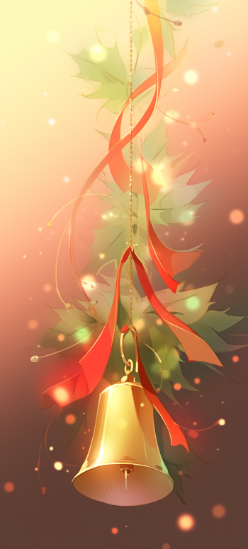 A festive phone wallpaper featuring a golden bell adorned with red ribbons and greenery, surrounded by soft holiday lights, capturing the spirit of Christmas and celebration.