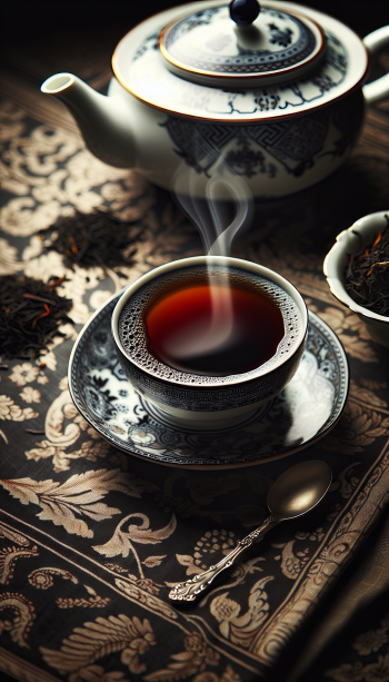 A steaming cup of black tea sits on a decorative plate, accompanied by a teapot and loose tea leaves, all arranged on an elegant patterned tablecloth, making a serene phone wallpaper.