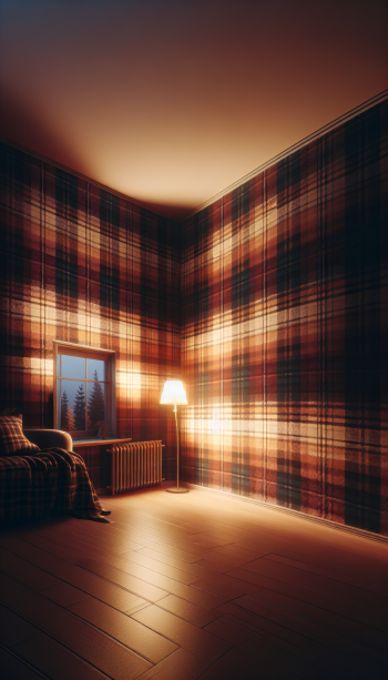 Cozy corner room with warm light, flannel wallpaper, and a view of the trees - phone wallpaper.