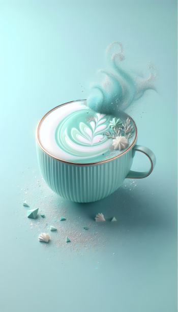Artistic phone wallpaper featuring a pastel blue cup with a whimsical latte art design and steam swirls on a soft gradient background.