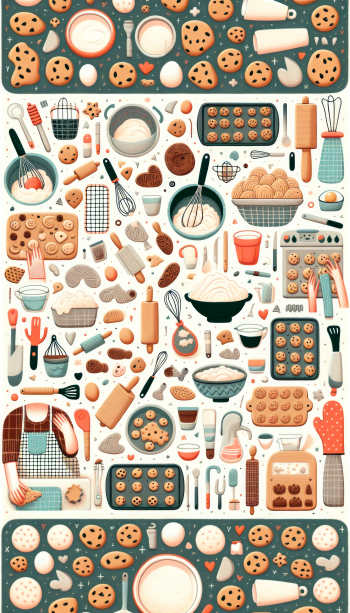 Cookie baking themed phone wallpaper showcasing various baking tools and freshly baked cookies.
