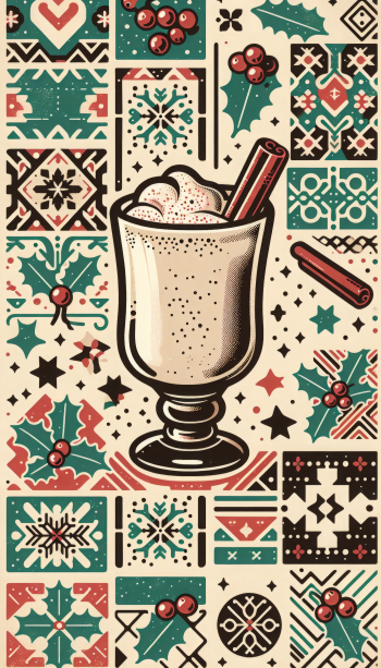 Festive eggnog phone wallpaper featuring a stylized glass of eggnog amidst holiday patterns and decorations.