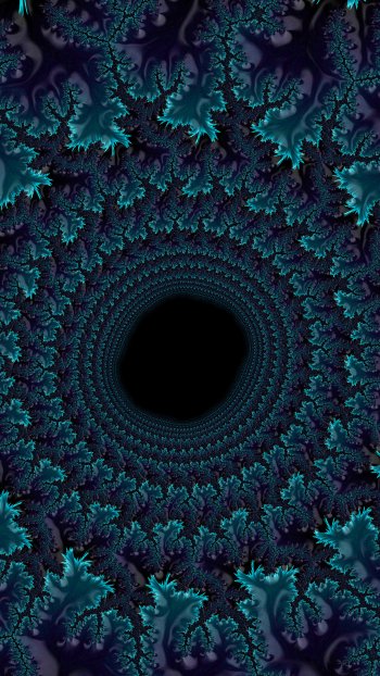 Abstract fractal phone wallpaper of teal and navy fern-like spirals and branching coral patterns spiraling inward toward a deep black central void.