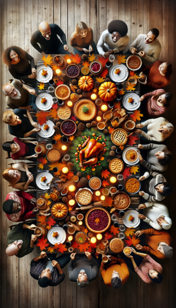 A vibrant Thanksgiving feast with family gathered around a table filled with turkey, pies, and autumn decor, designed as a phone wallpaper for iPhones and Androids.