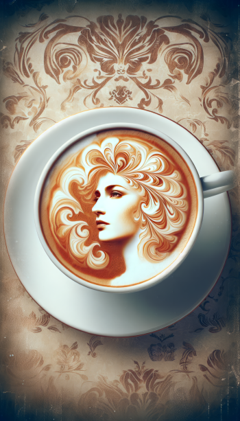 Artistic phone wallpaper featuring a detailed latte art of a woman's face in a cup on a patterned background.