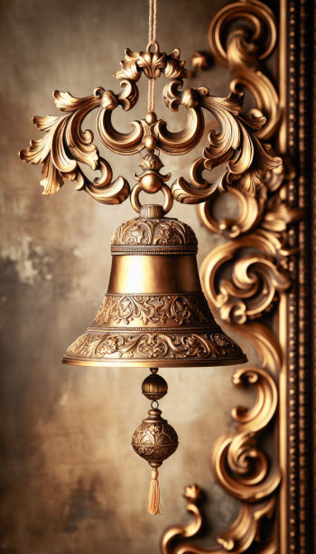 A beautifully ornate golden bell hangs from an intricately designed frame, creating an elegant phone wallpaper that adds a touch of sophistication to any device.